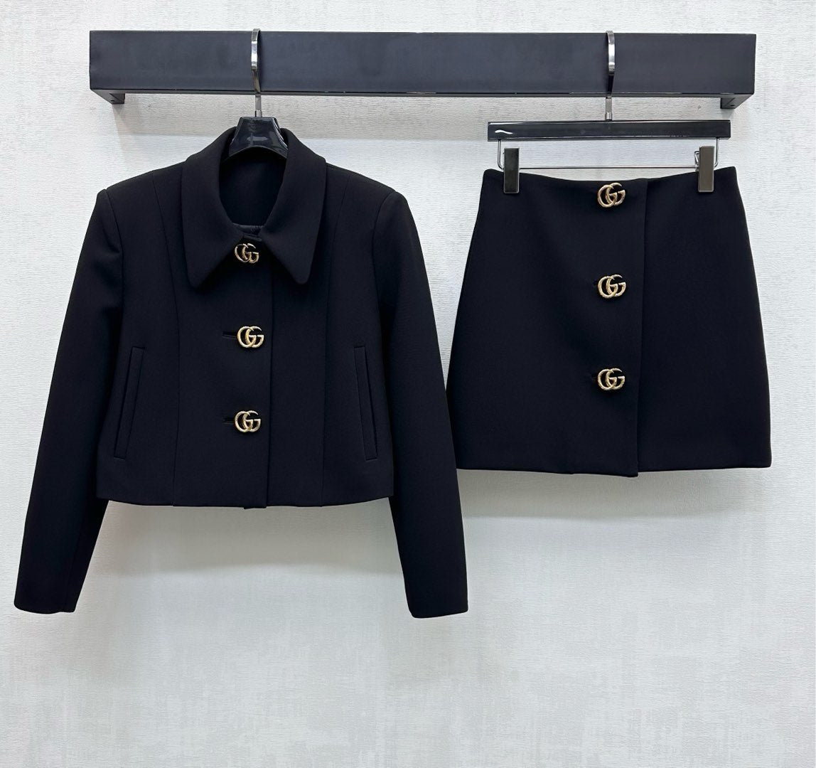26NEW Collared Logo Short Jacket + High-Waisted Logo Button Skirt