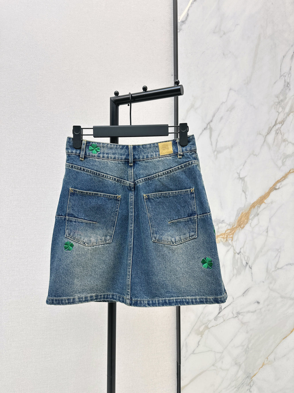 26NEW four-leaf clover embroidered denim midi skirt