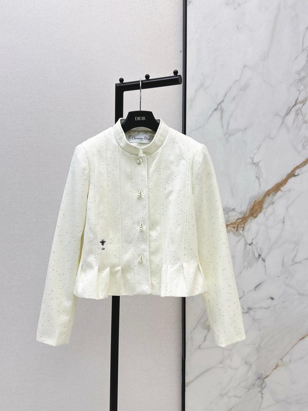 26SS Bee Embroidery Trim Stand Collar Elegant Coat