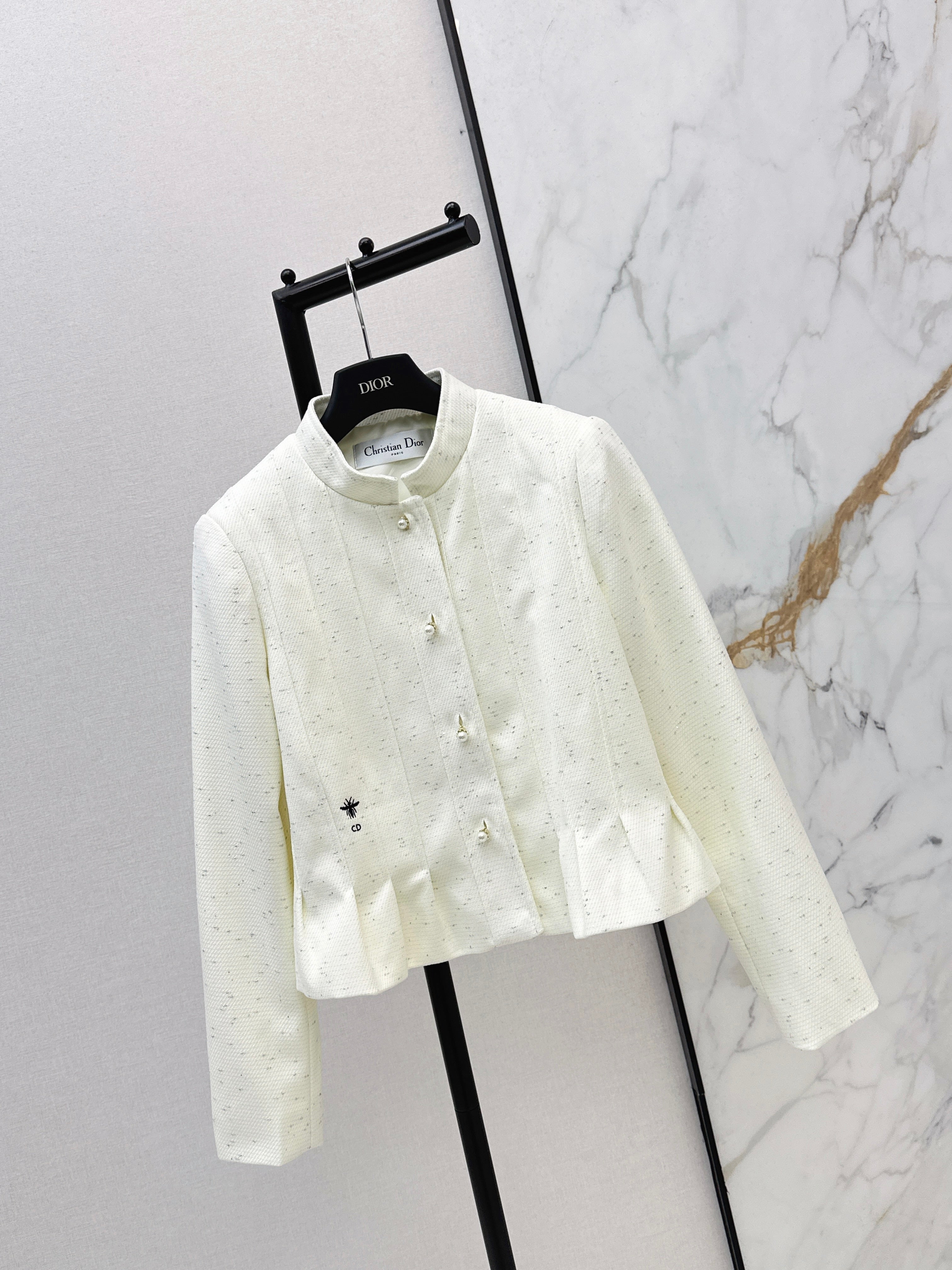 26SS Bee Embroidery Trim Stand Collar Elegant Coat