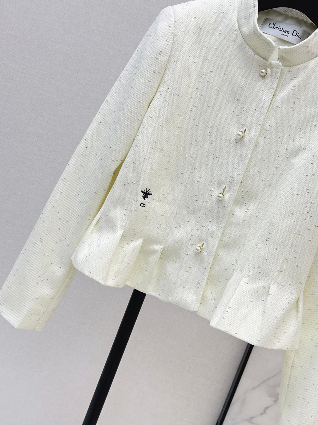 26SS Bee Embroidery Trim Stand Collar Elegant Coat
