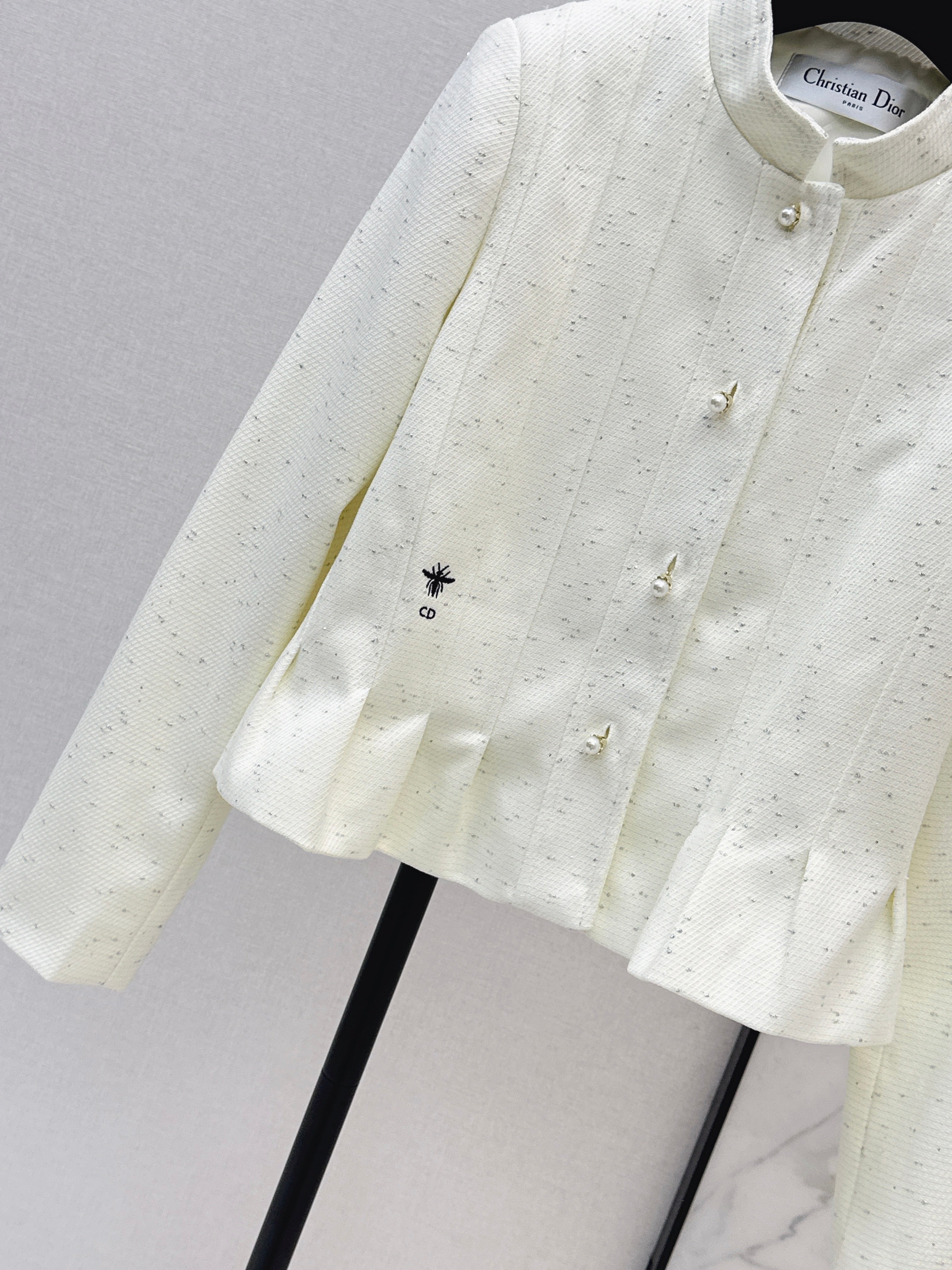 26SS Bee Embroidery Trim Stand Collar Elegant Coat