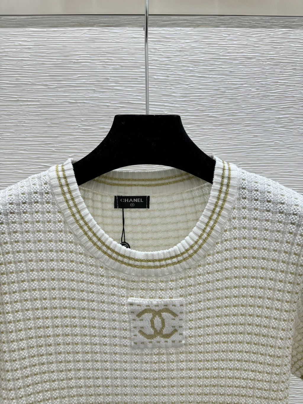 26SS Color Block Gold and Silver Thread Round Neck Knit Short Sleeve Dress