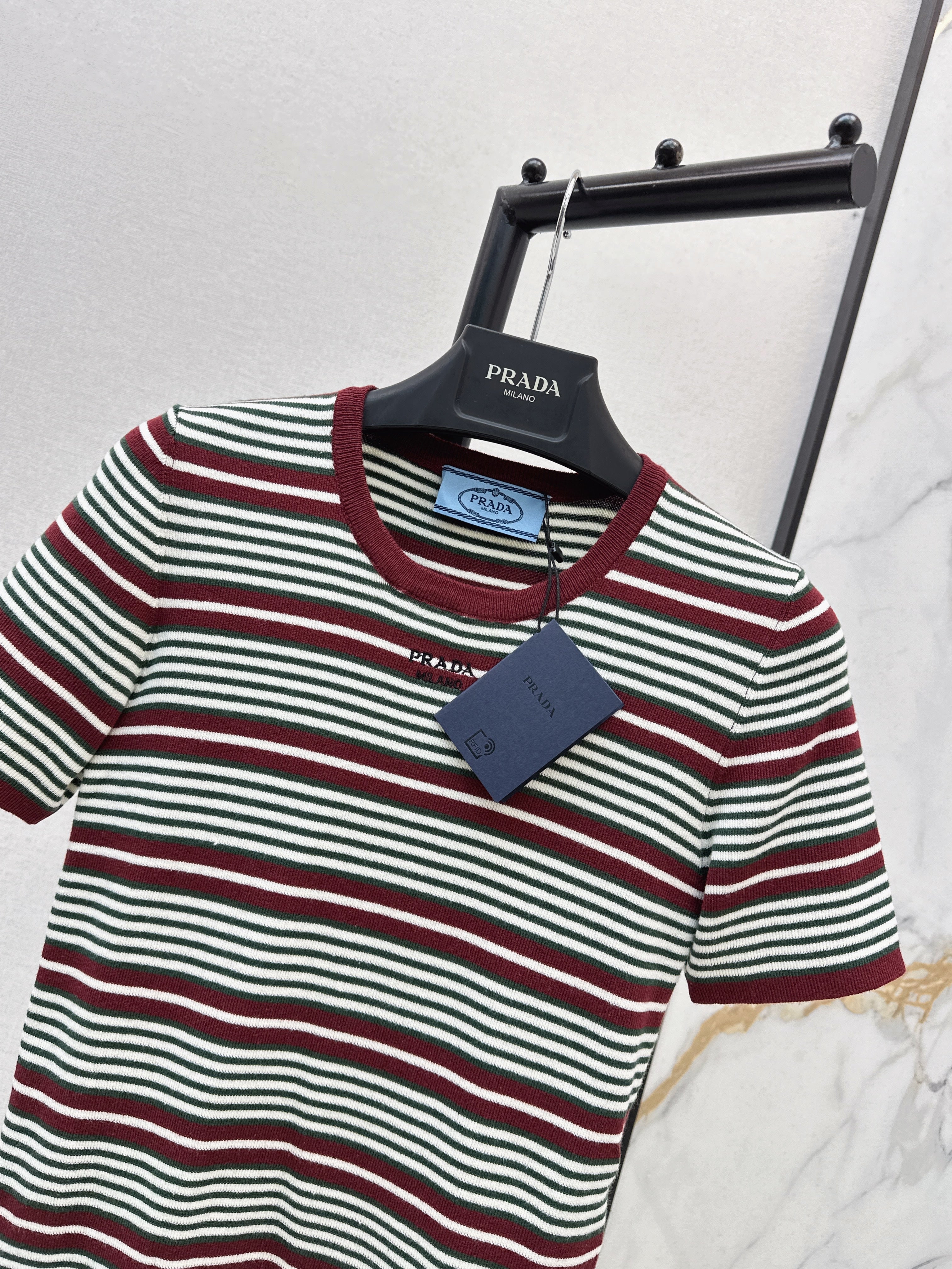 26SS New Letter Embroidered Striped Short-Sleeve Knit Sweater