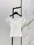 26SS New Hardware-Decorated Off-Shoulder Short-Sleeve Knit Top