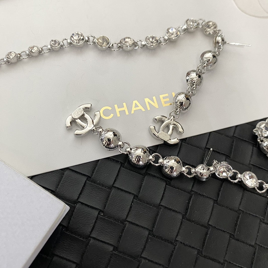Silver round diamond long earrings