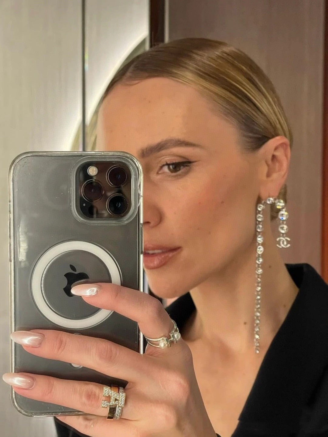 Silver round diamond long earrings