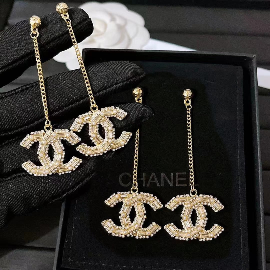 Long Pearl and Square-Cut Diamond Tassel Stud Earrings