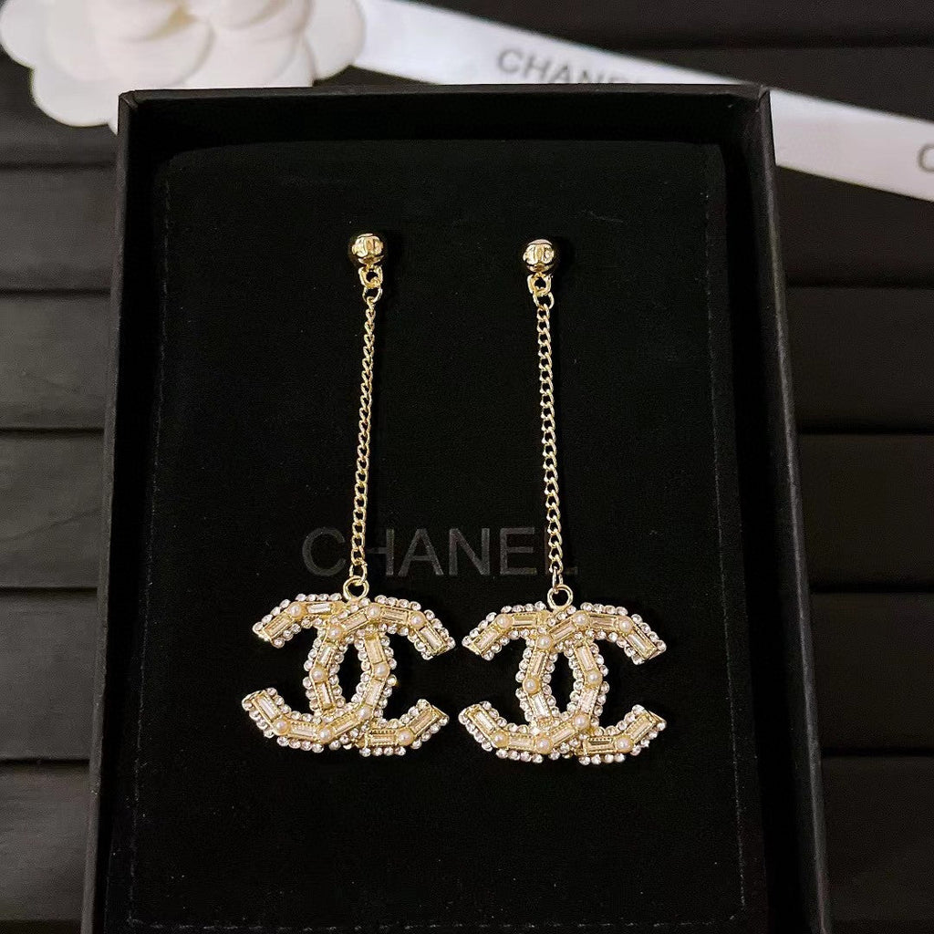 Long Pearl and Square-Cut Diamond Tassel Stud Earrings