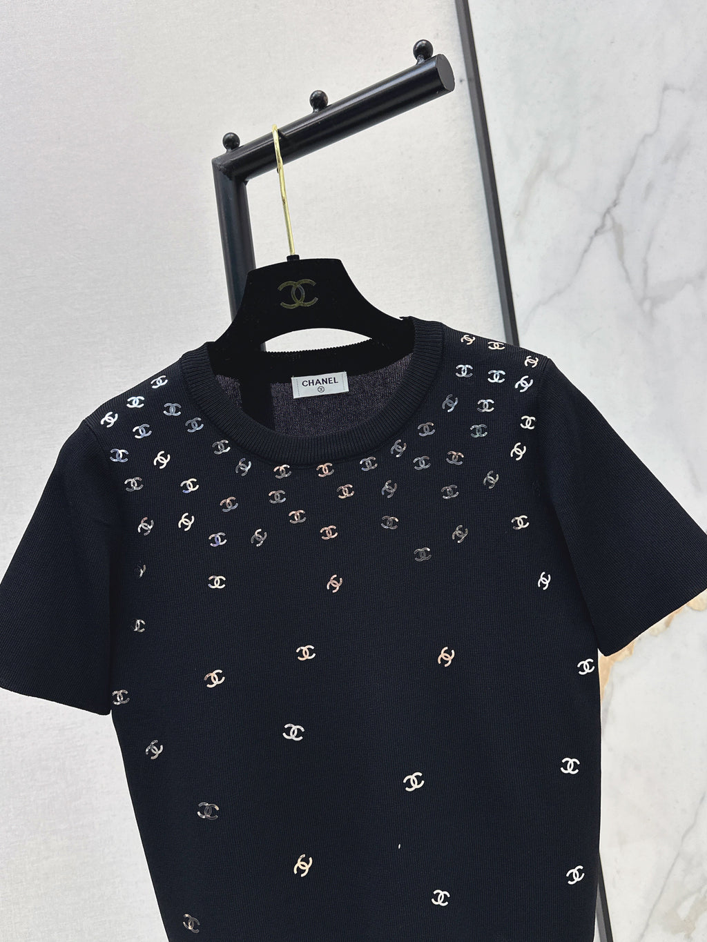 26SS New Style Gold Foil Decorated Knitted Short-Sleeve T-Shirt
