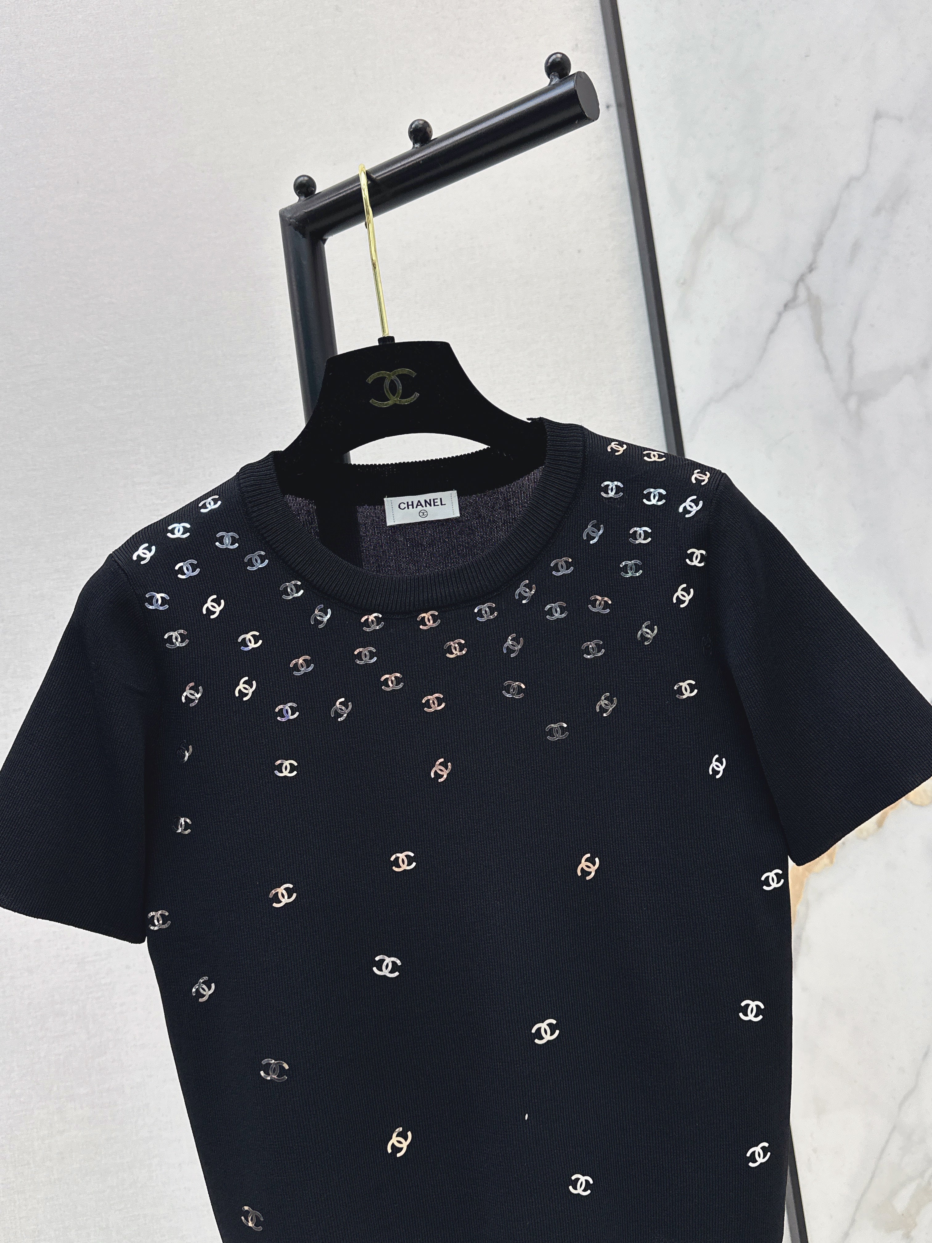 26SS New Style Gold Foil Decorated Knitted Short-Sleeve T-Shirt