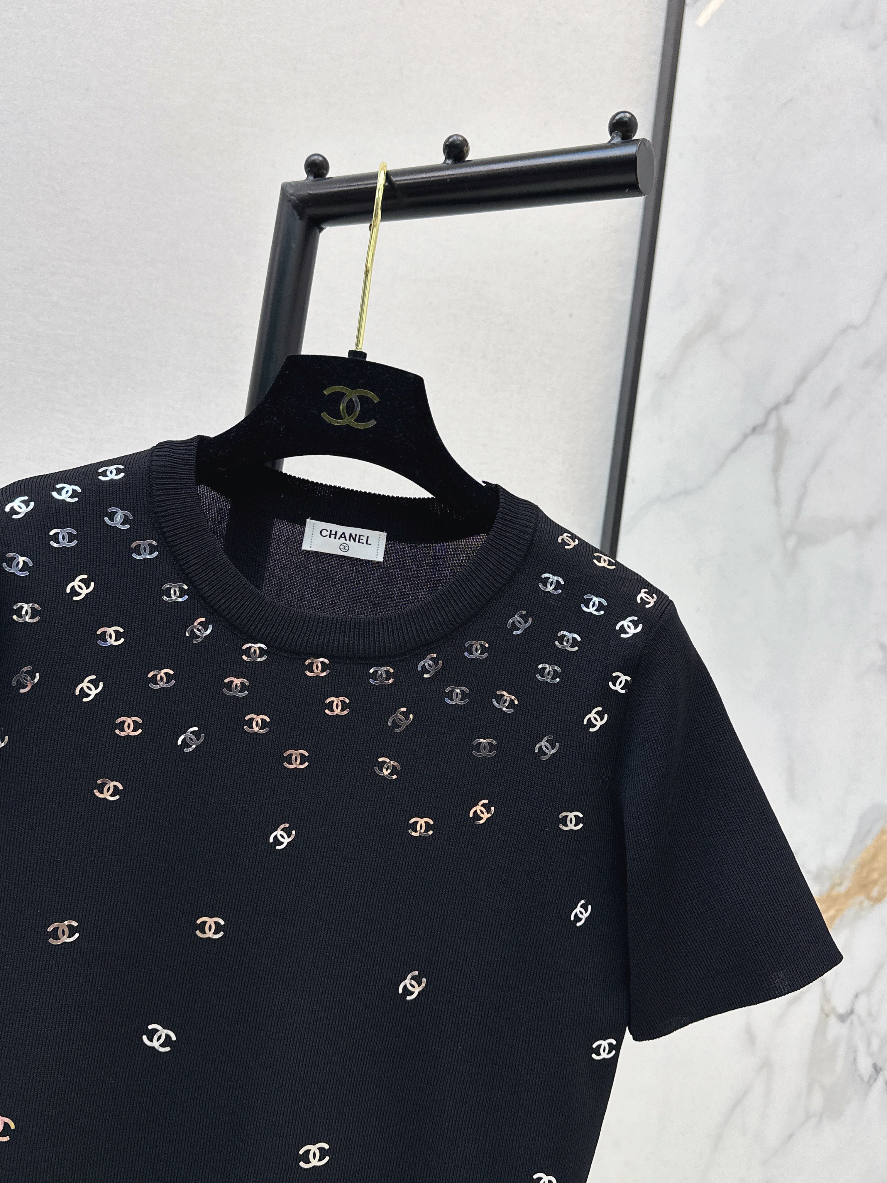 26SS New Style Gold Foil Decorated Knitted Short-Sleeve T-Shirt