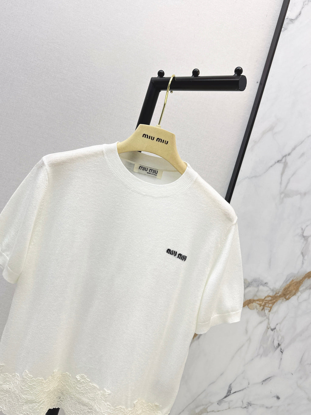 26SS NEW Lace Trim Round Neck Short Sleeve Knit Top