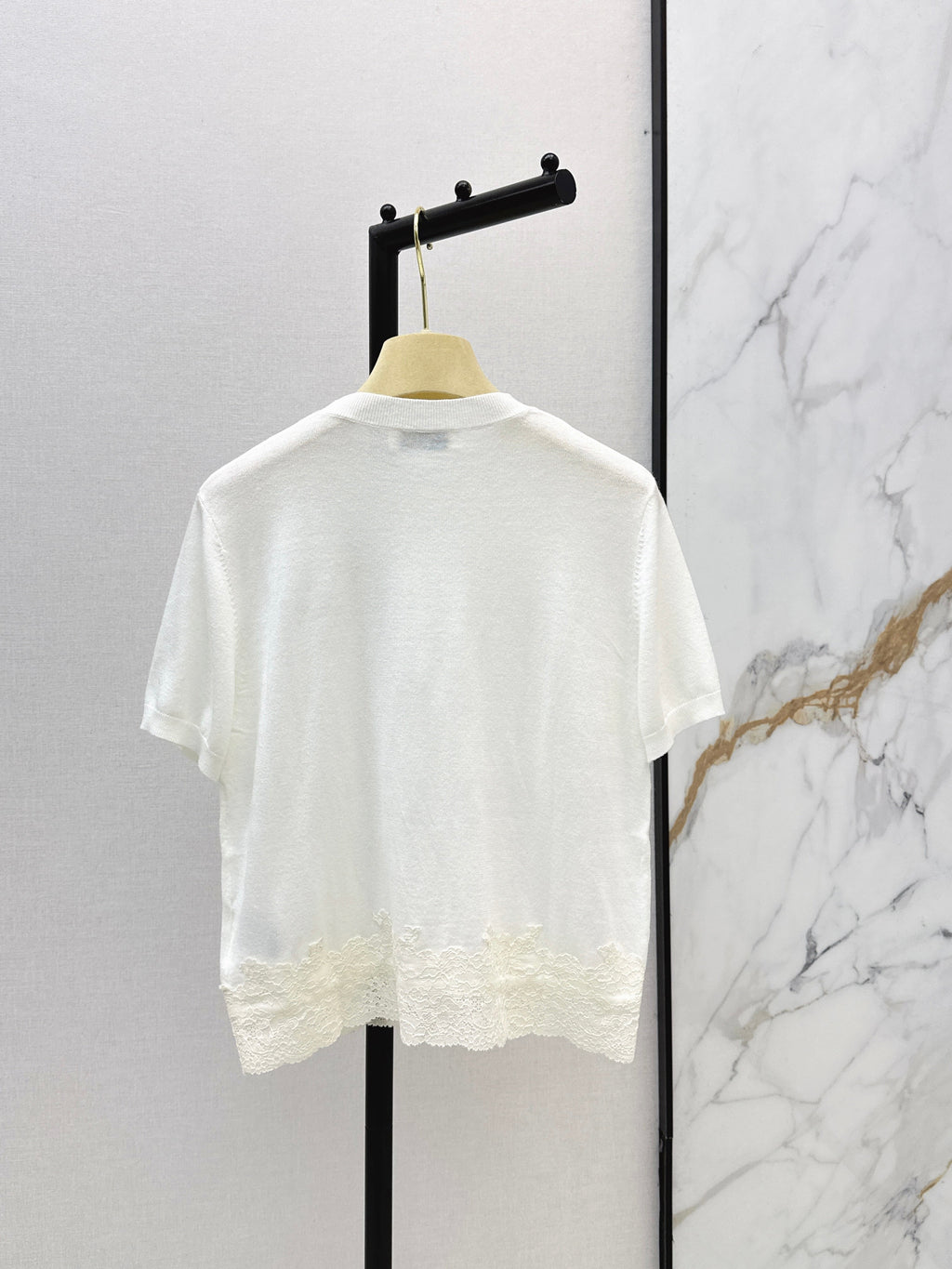 26SS NEW Lace Trim Round Neck Short Sleeve Knit Top