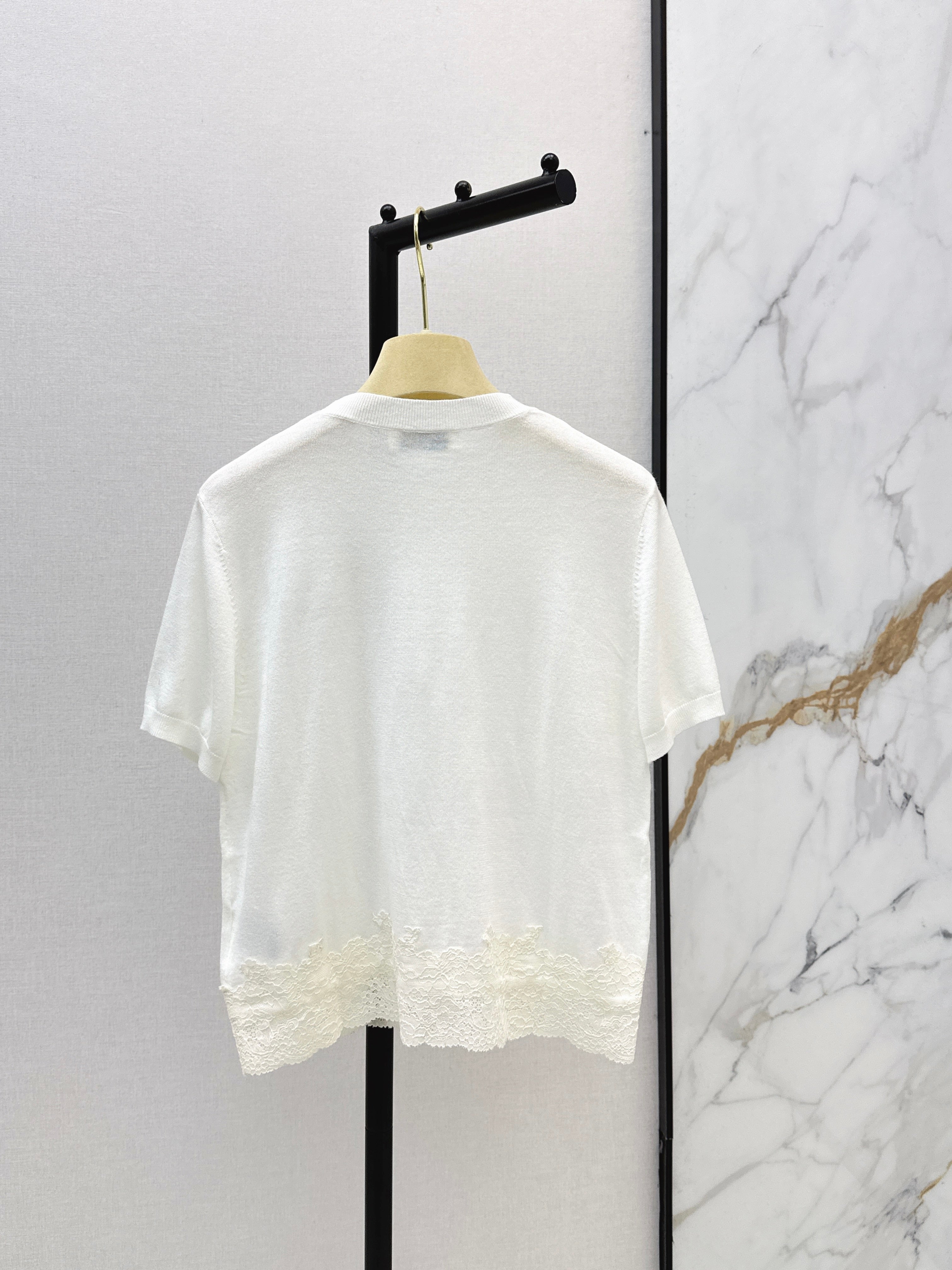 26SS NEW Lace Trim Round Neck Short Sleeve Knit Top