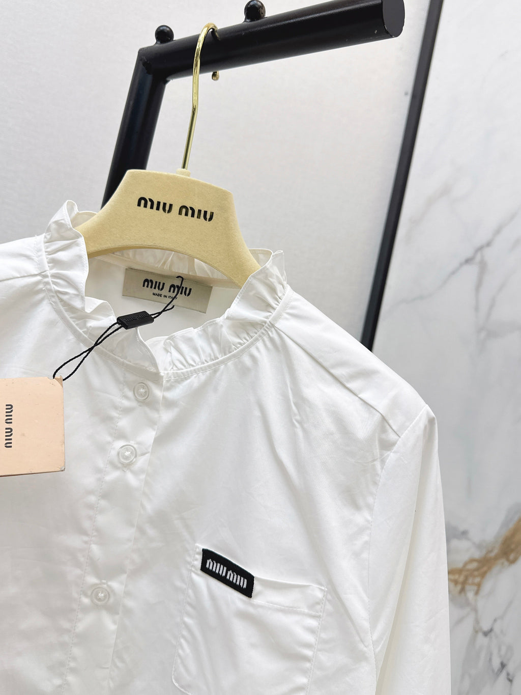 26SS New Logo-Decorated Ruffled Stand Collar Shirt
