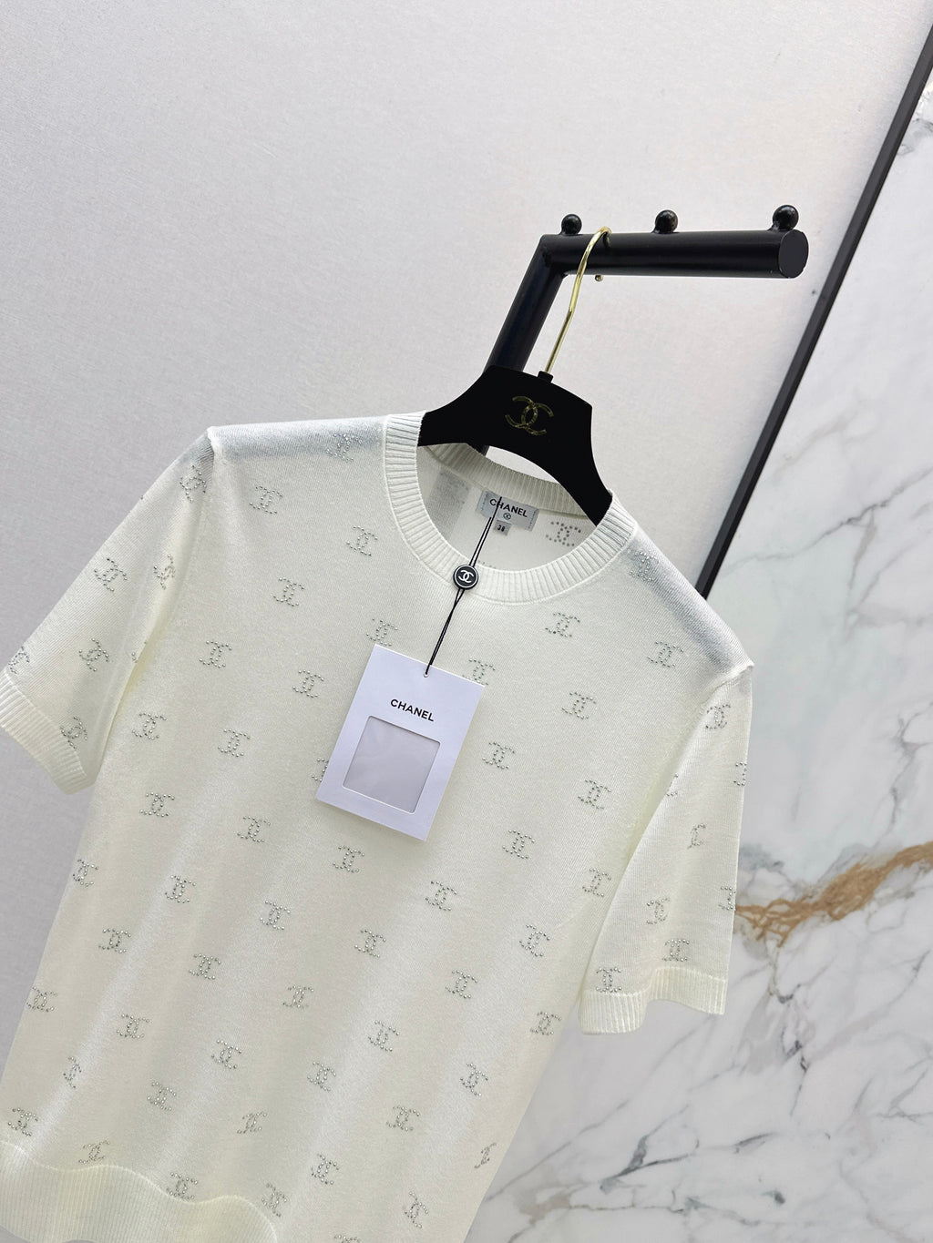 26SS Rhinestone Short-Sleeve Knit Top