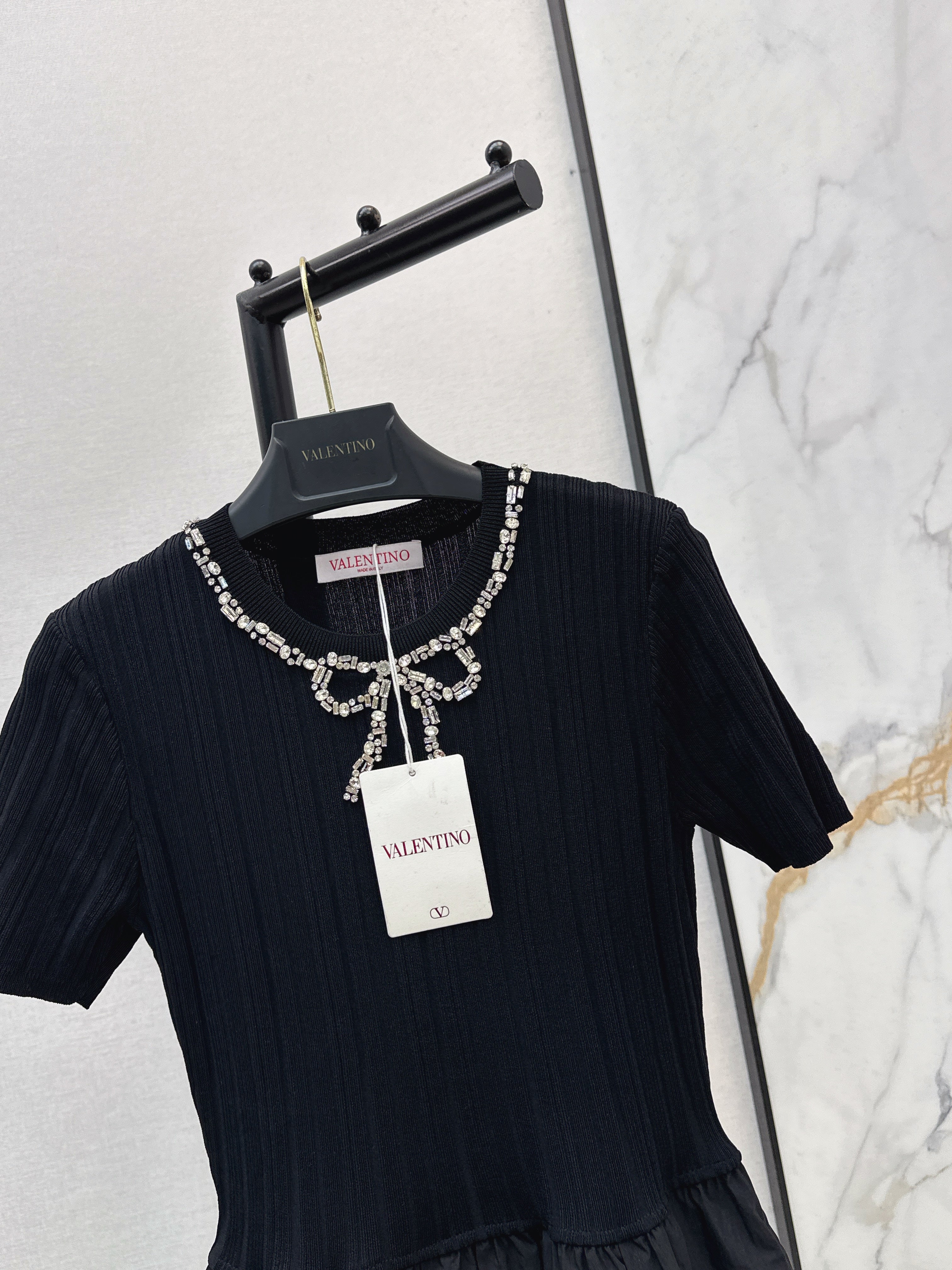 26SS New Heavy-Duty Beaded Bow Knit Patchwork Dress