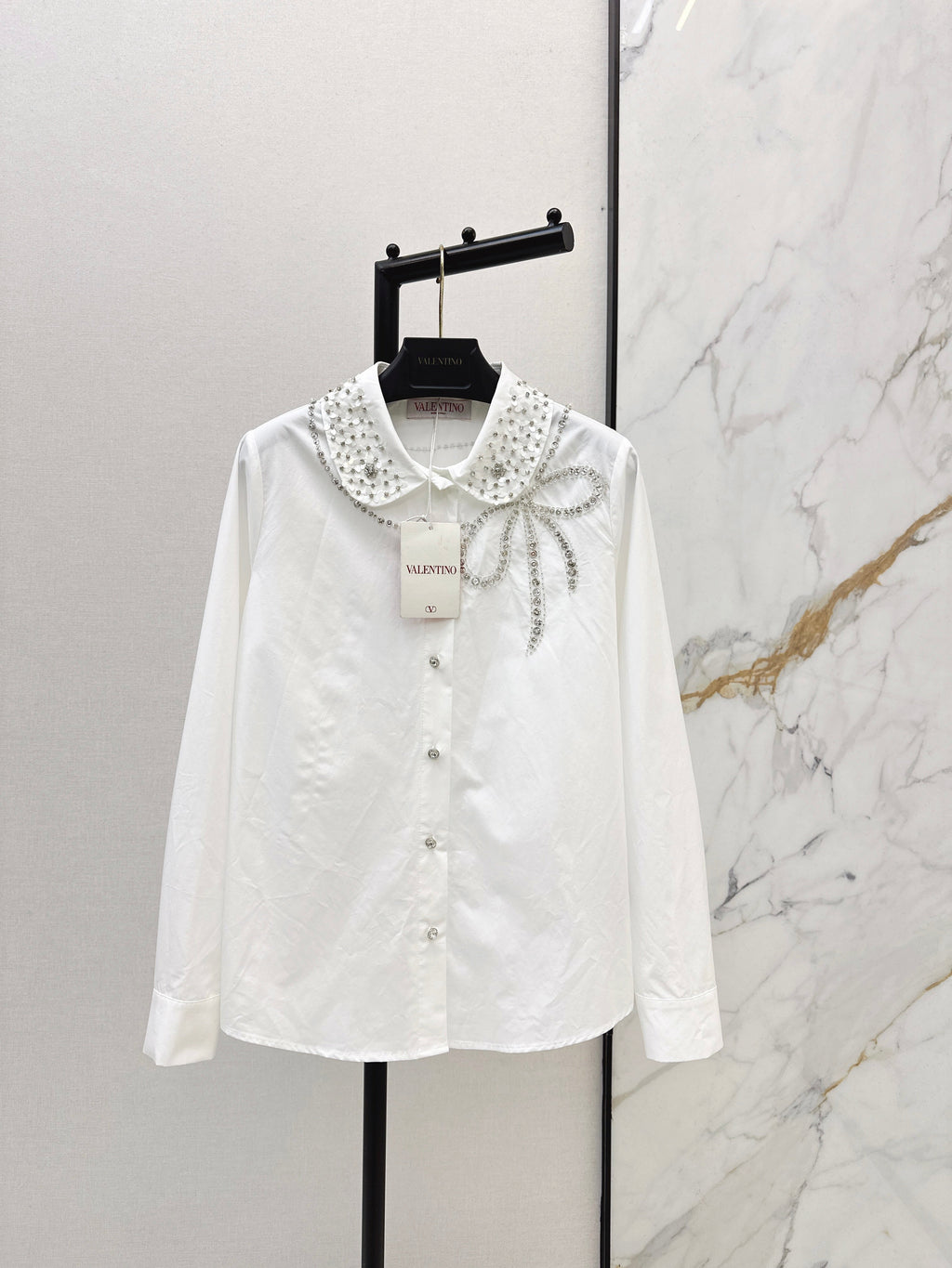 26SS New Rhinestone Bow-Decorated Doll Collar Shirt