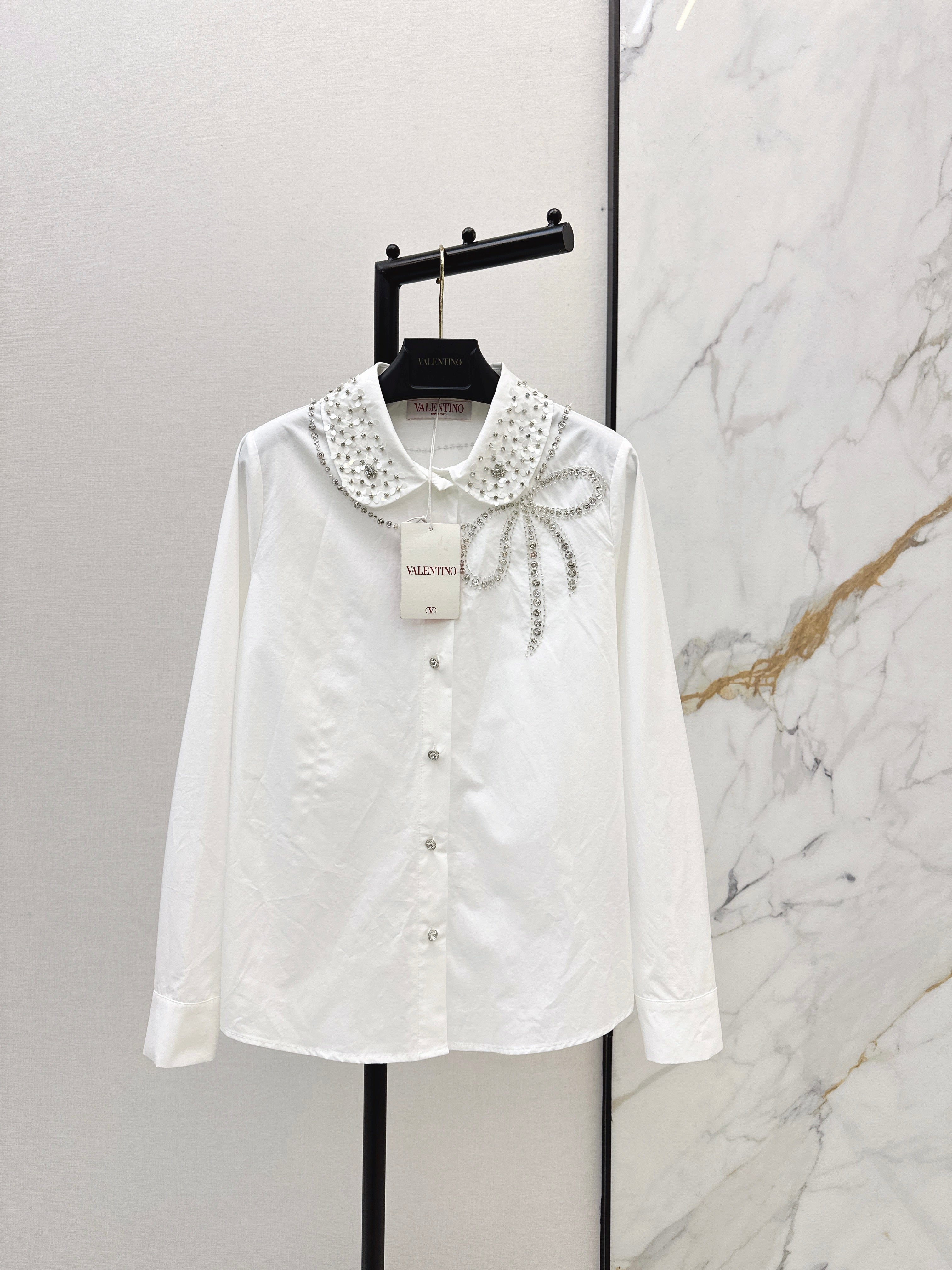26SS New Rhinestone Bow-Decorated Doll Collar Shirt