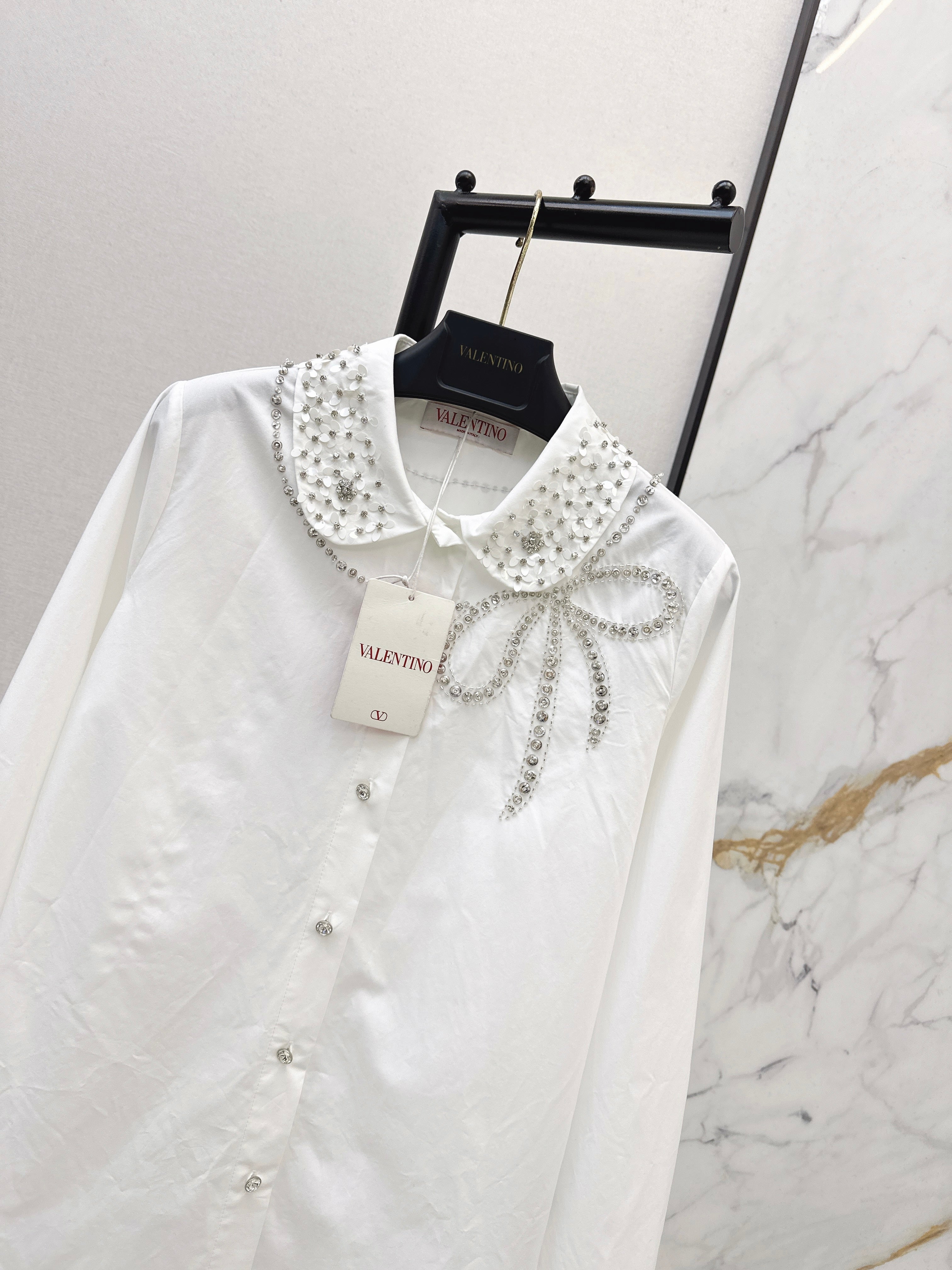 26SS New Rhinestone Bow-Decorated Doll Collar Shirt