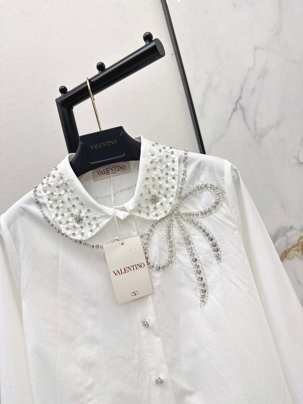 26SS New Rhinestone Bow-Decorated Doll Collar Shirt