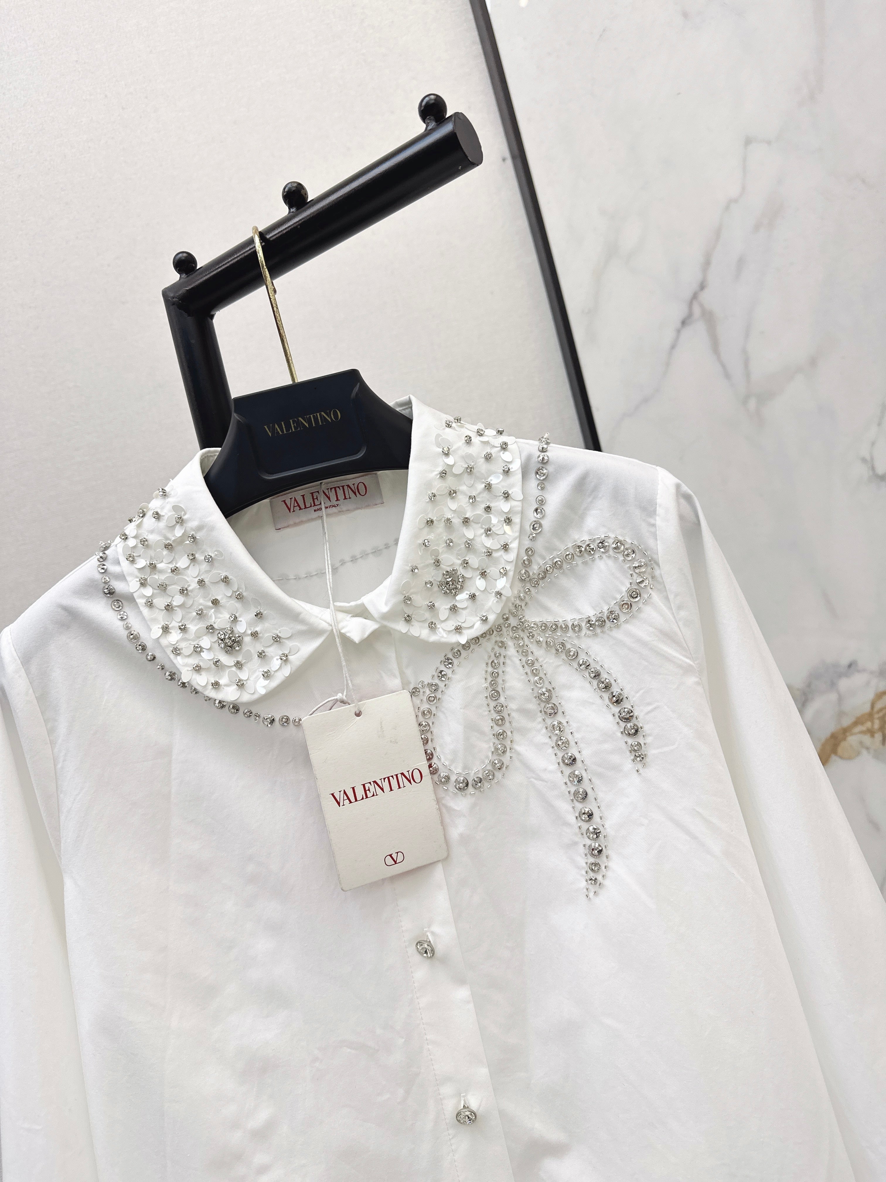 26SS New Rhinestone Bow-Decorated Doll Collar Shirt