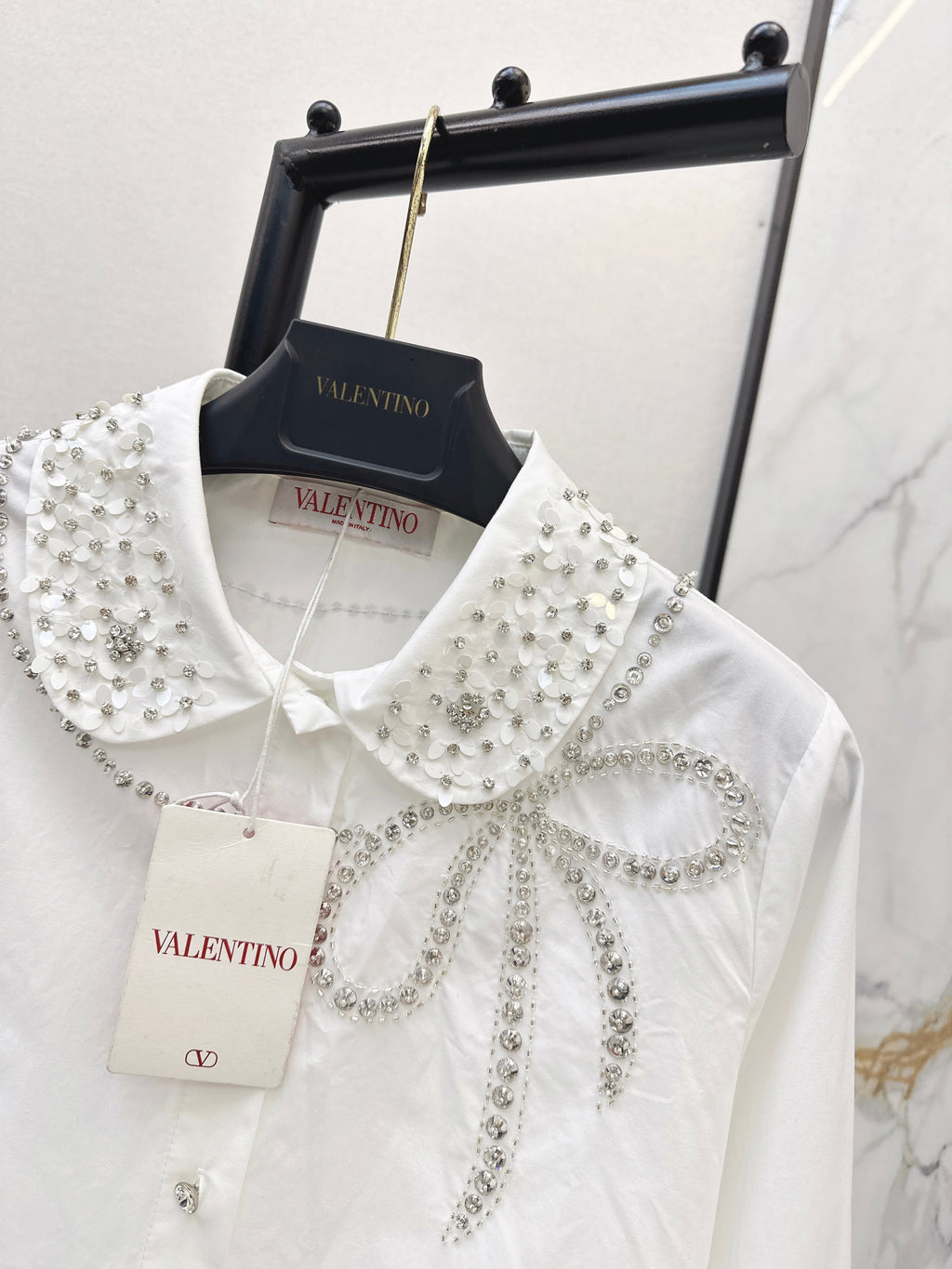 26SS New Rhinestone Bow-Decorated Doll Collar Shirt