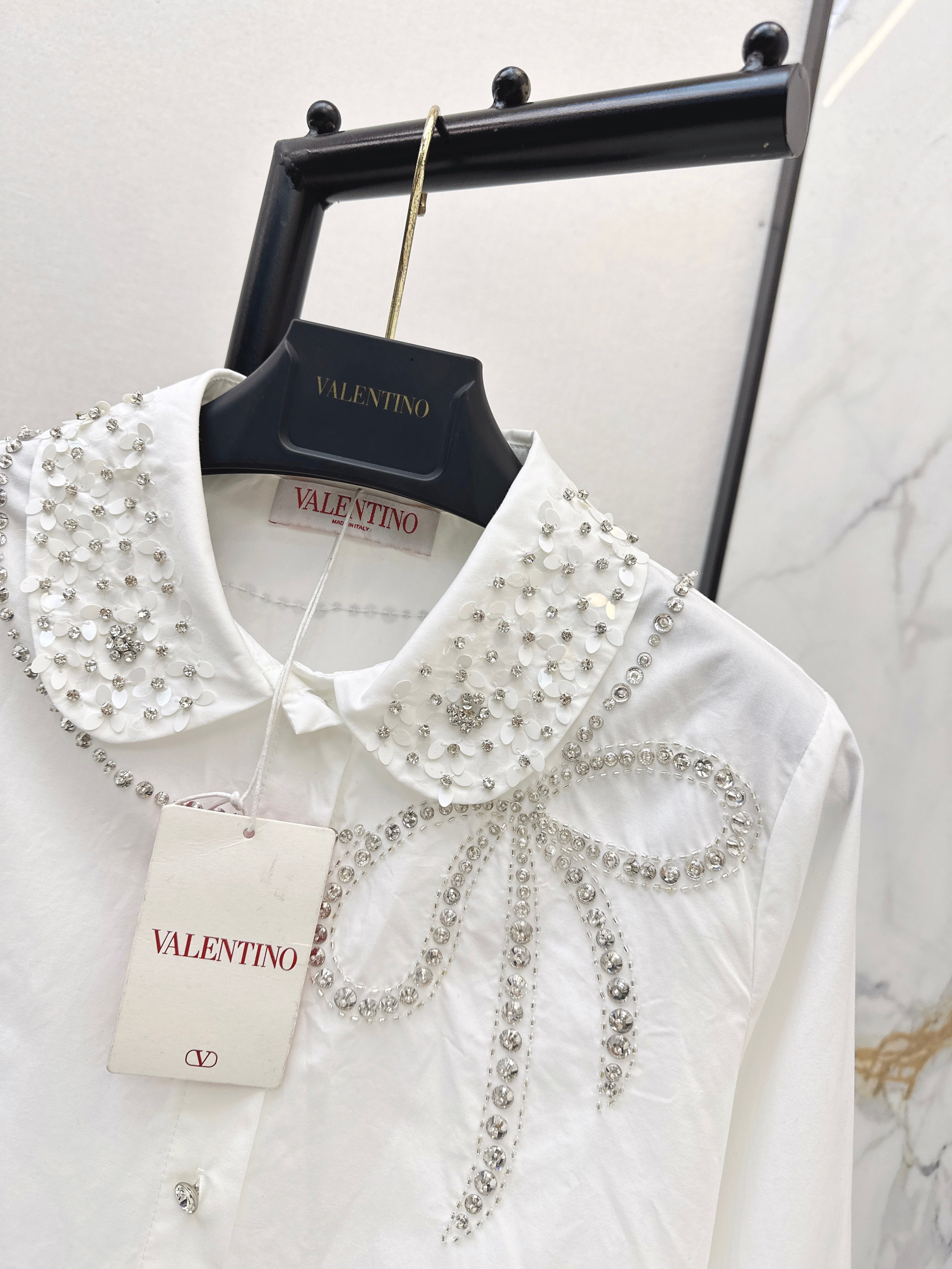 26SS New Rhinestone Bow-Decorated Doll Collar Shirt
