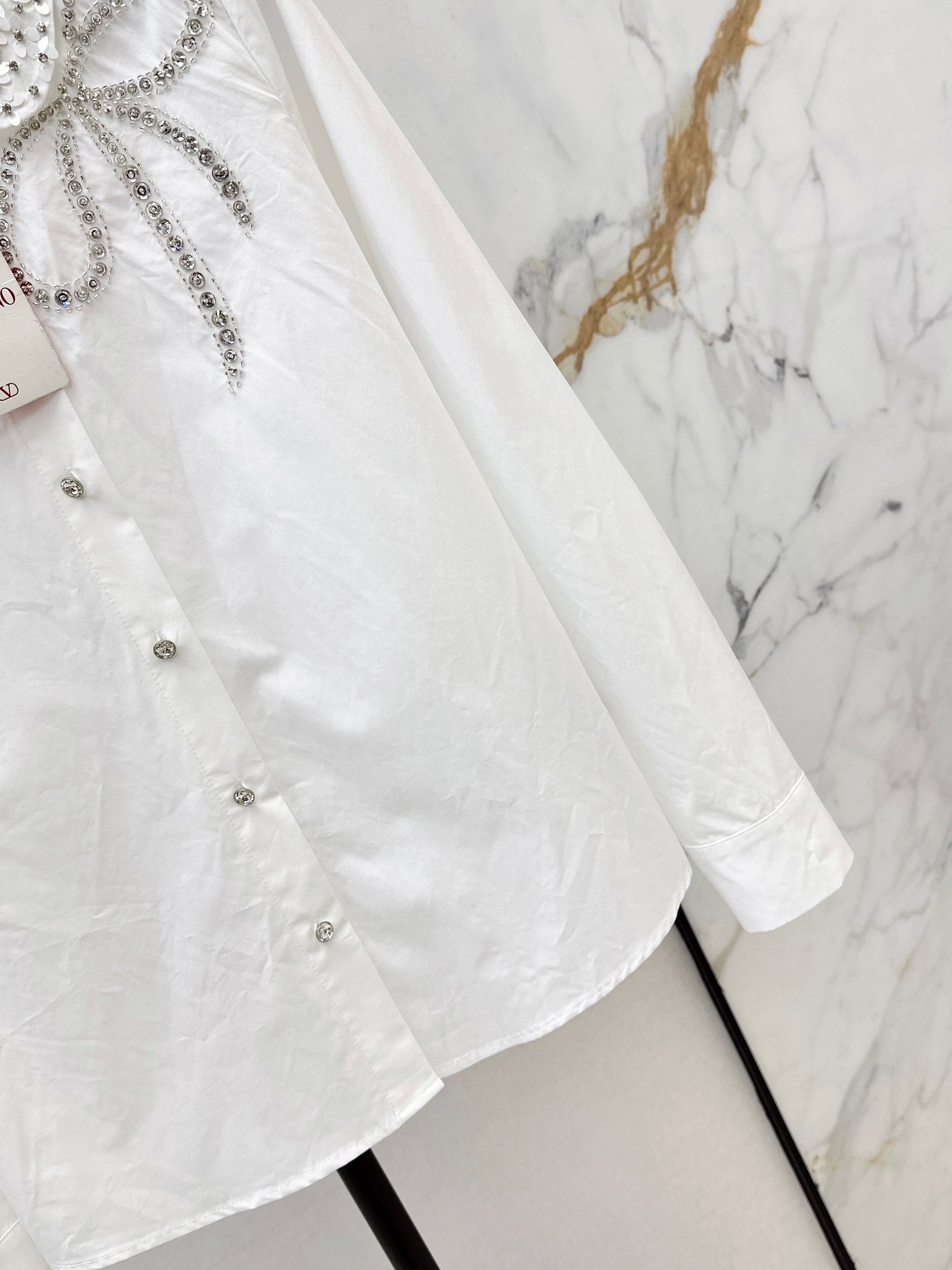 26SS New Rhinestone Bow-Decorated Doll Collar Shirt