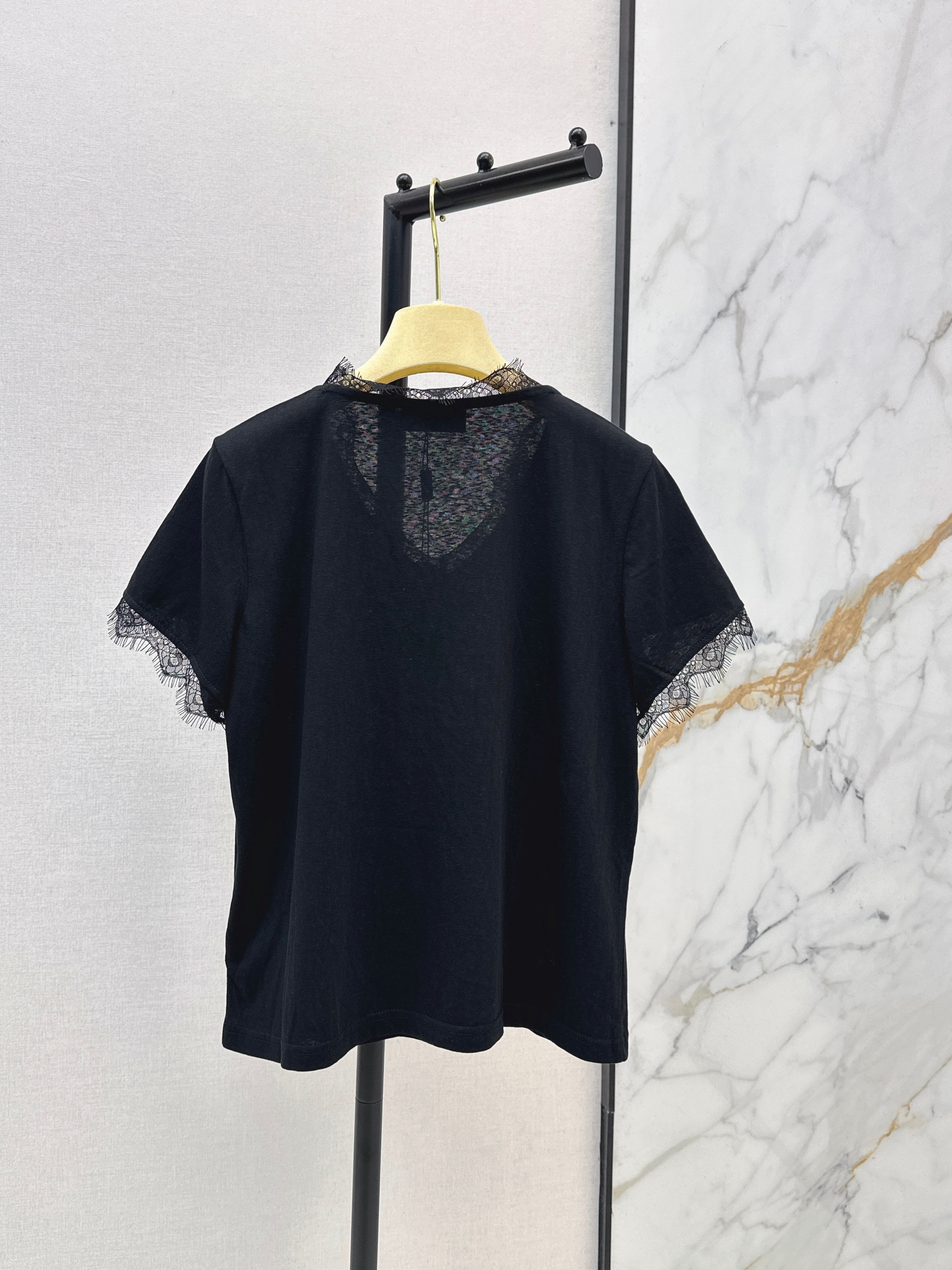 26SS New Lace-Trimmed V-Neck T-Shirt