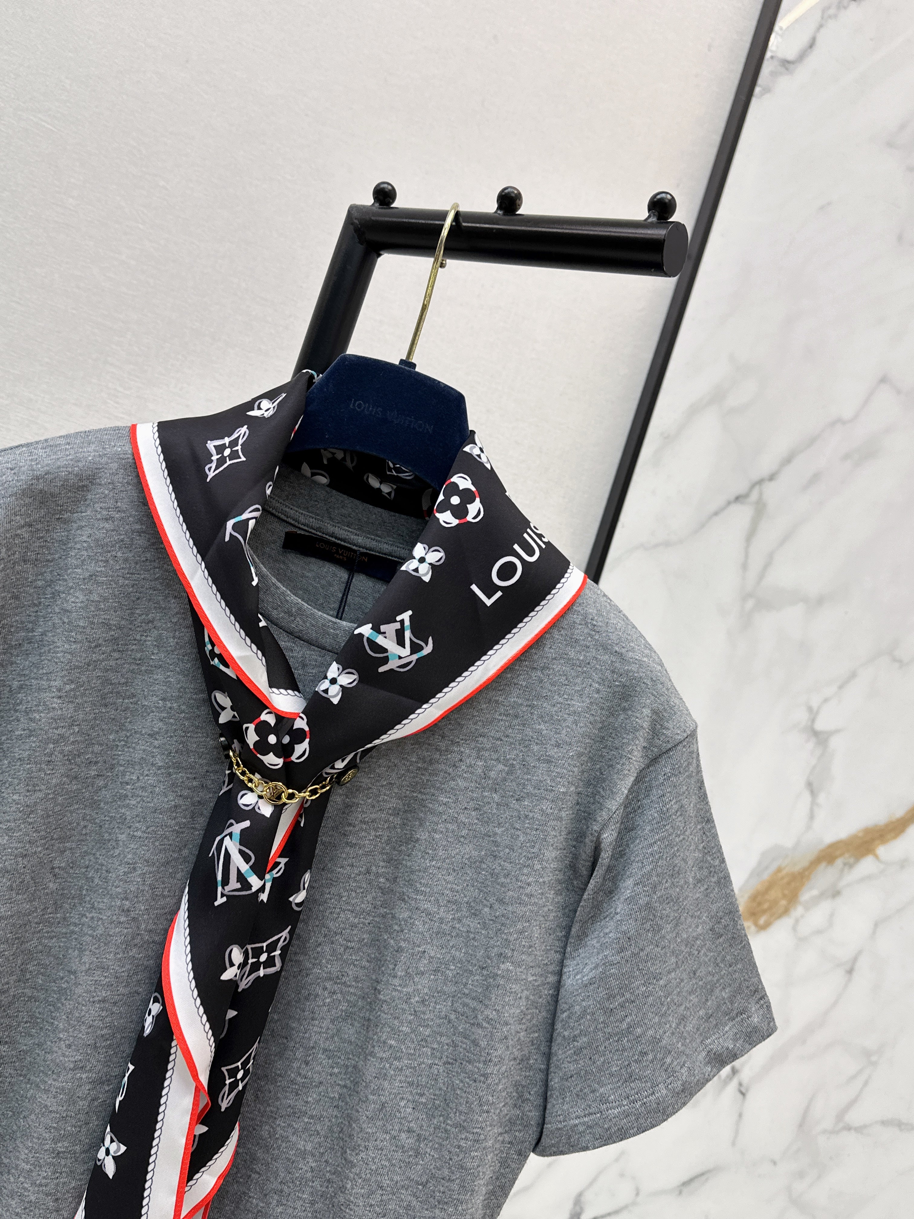 26SS New Arrival: Longline T-Shirt with Printed Silk Scarf Embellishment
