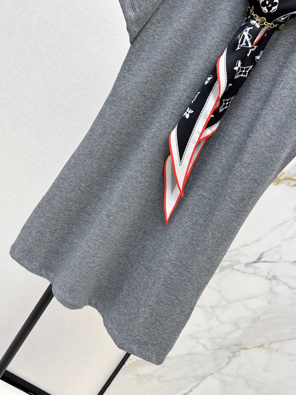 26SS New Arrival: Longline T-Shirt with Printed Silk Scarf Embellishment