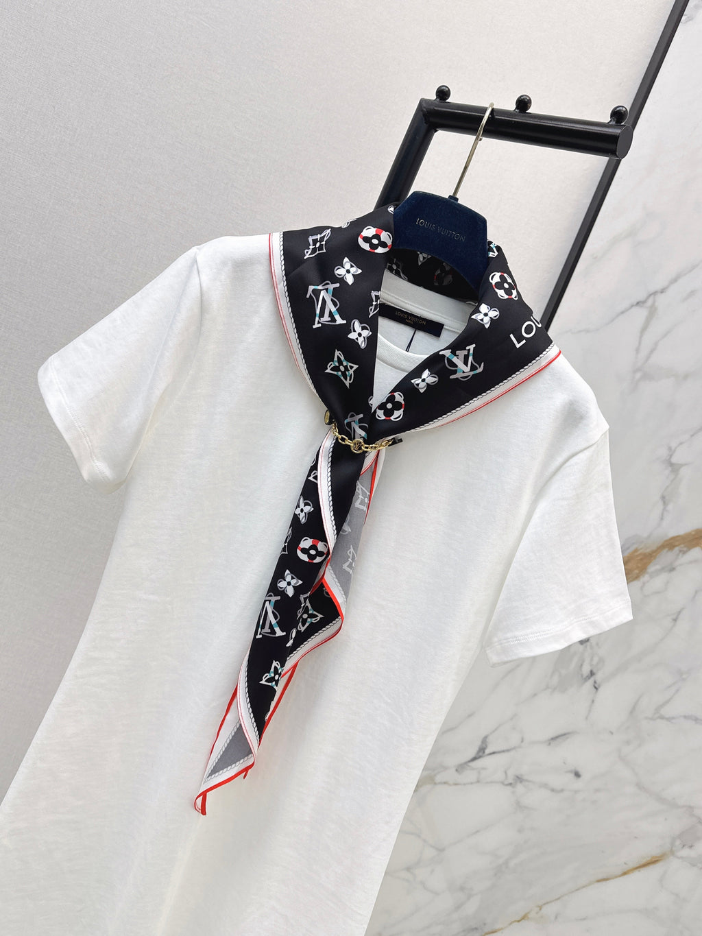 26SS New Arrival: Longline T-Shirt with Printed Silk Scarf Embellishment