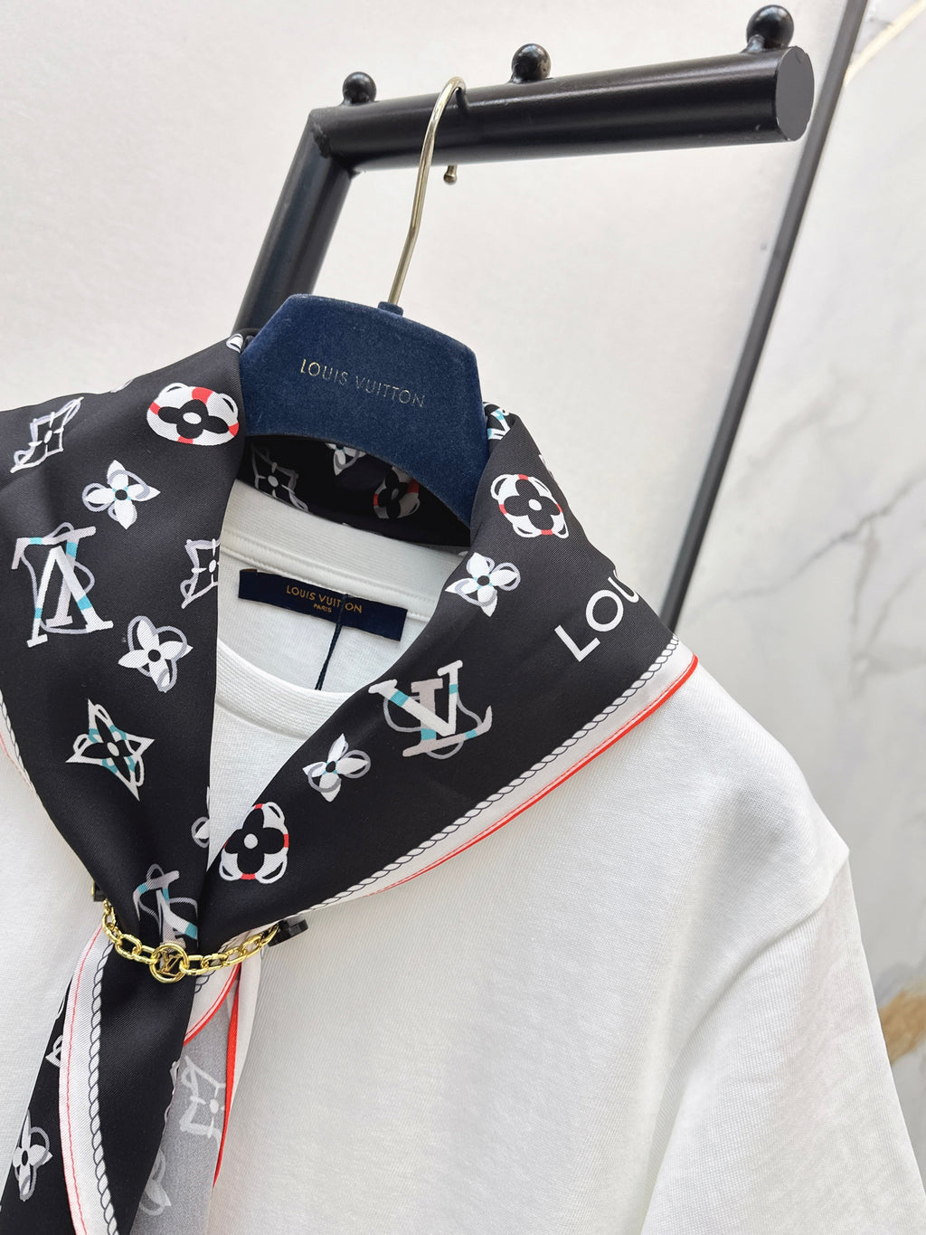 26SS New Arrival: Longline T-Shirt with Printed Silk Scarf Embellishment