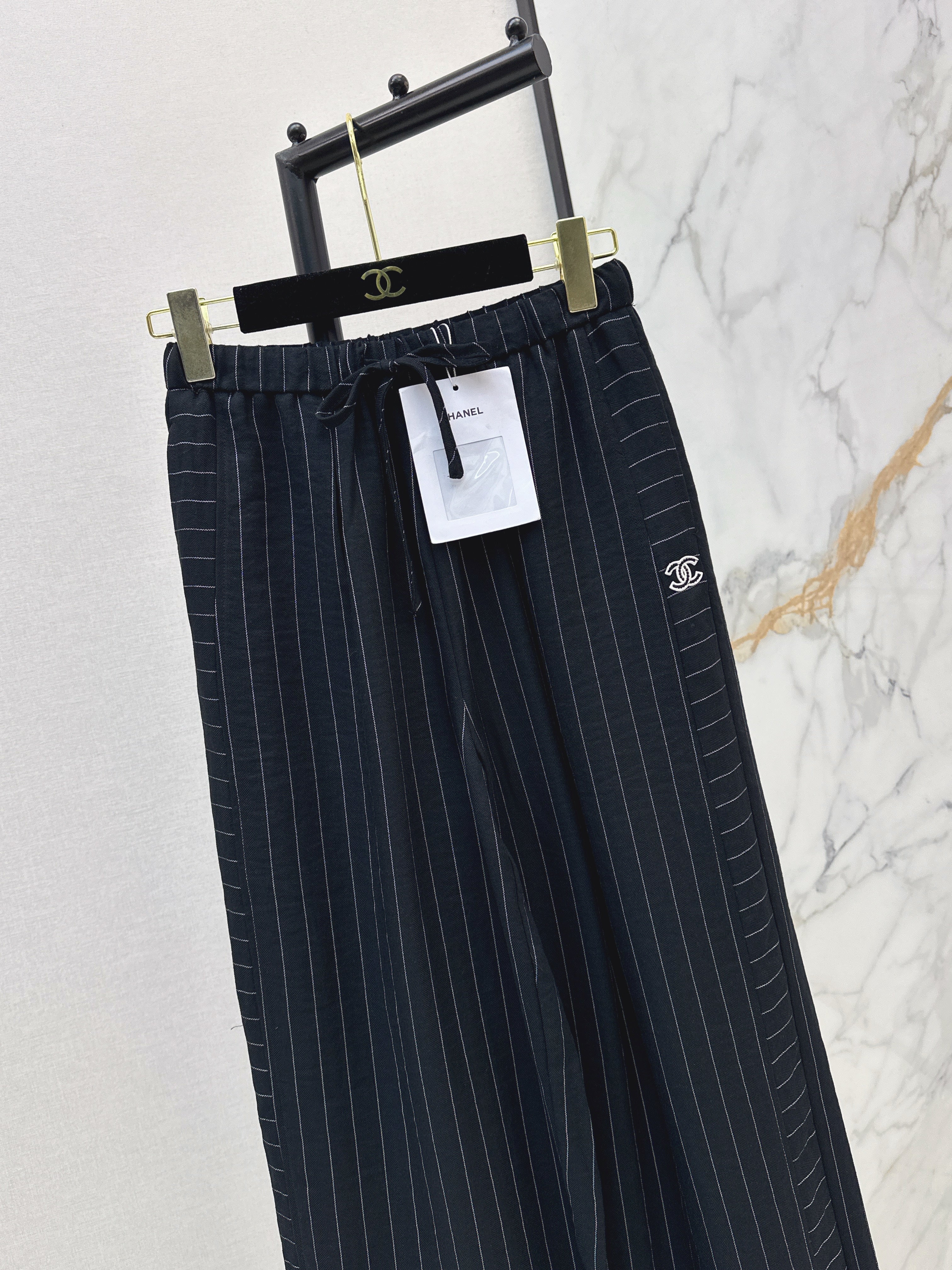 26SS Striped Embroidered Wide-Leg Trousers