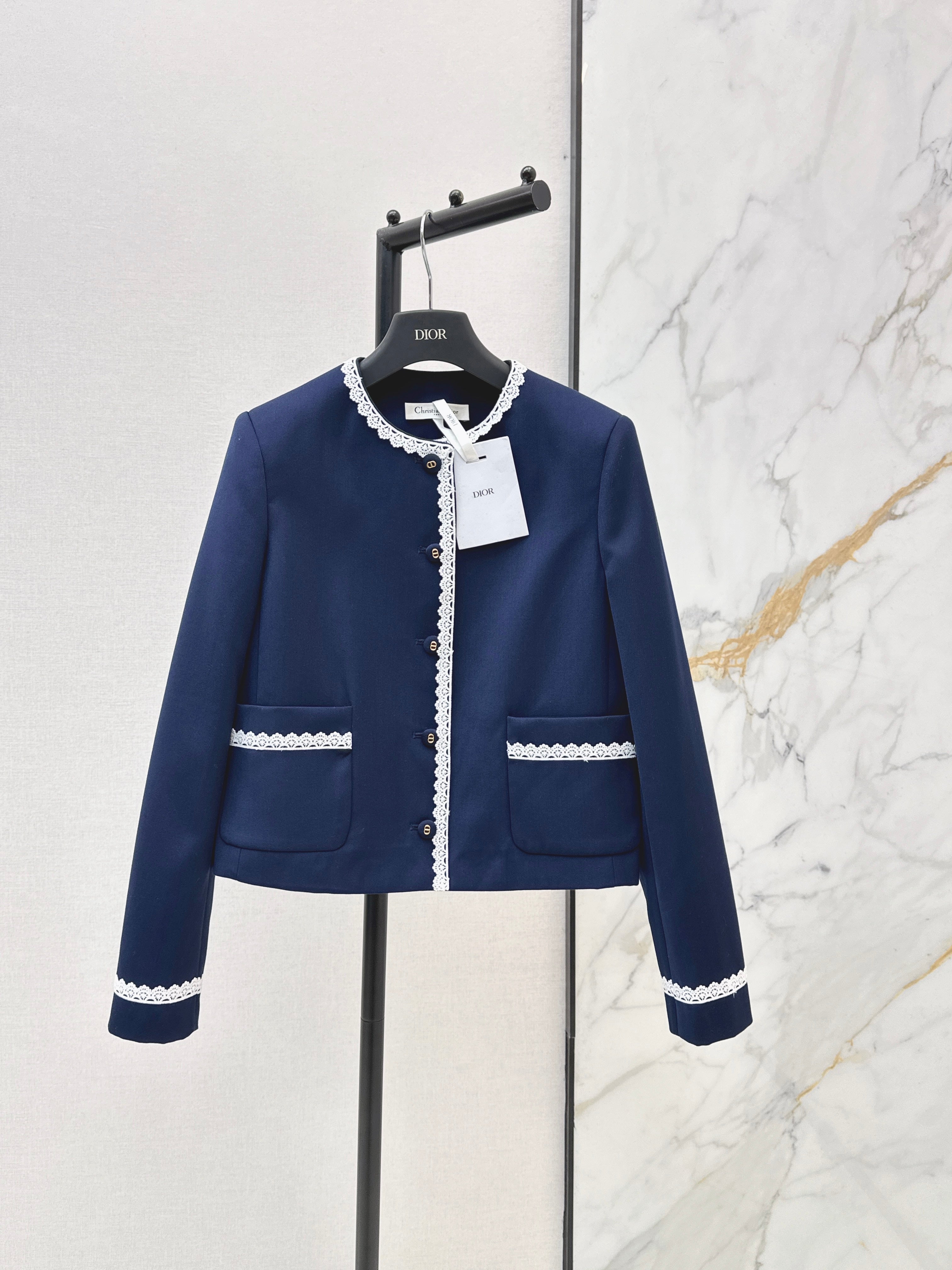 26SS Contrast-Trimmed Lace-Detailed Crewneck Jacket