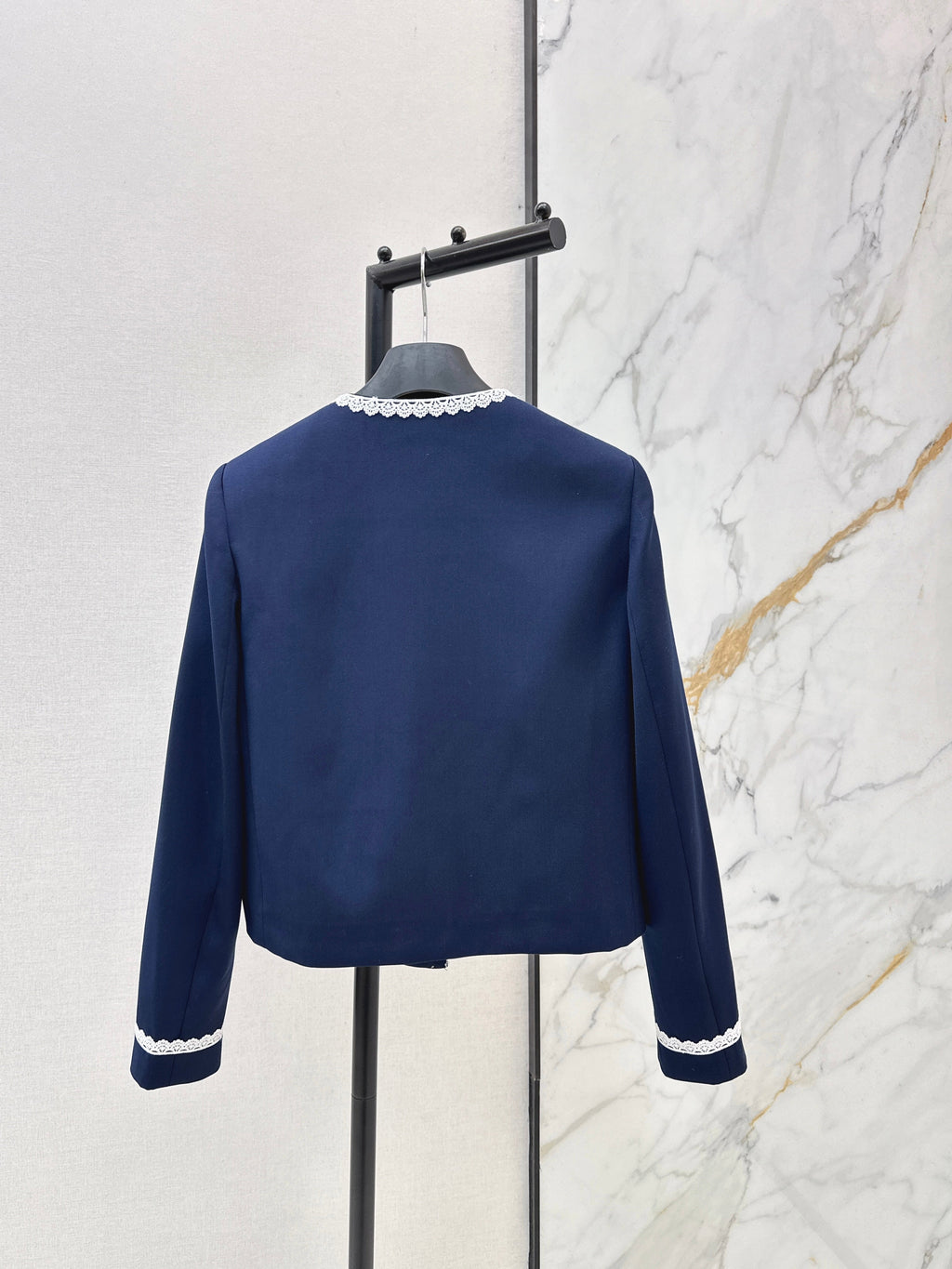 26SS Contrast-Trimmed Lace-Detailed Crewneck Jacket