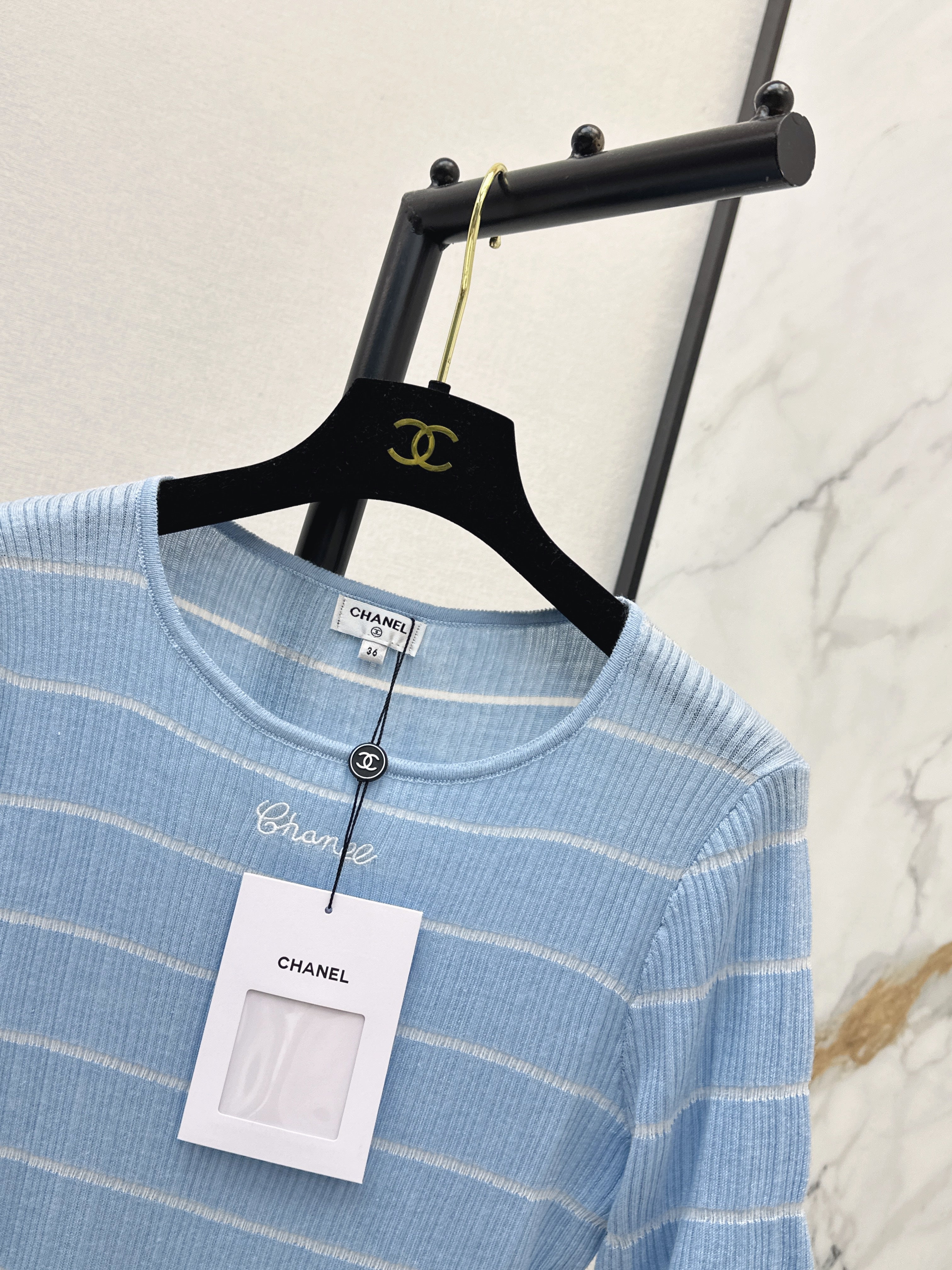 26SS Color Block Striped Crew Neck Slim Fit Knit Sweater