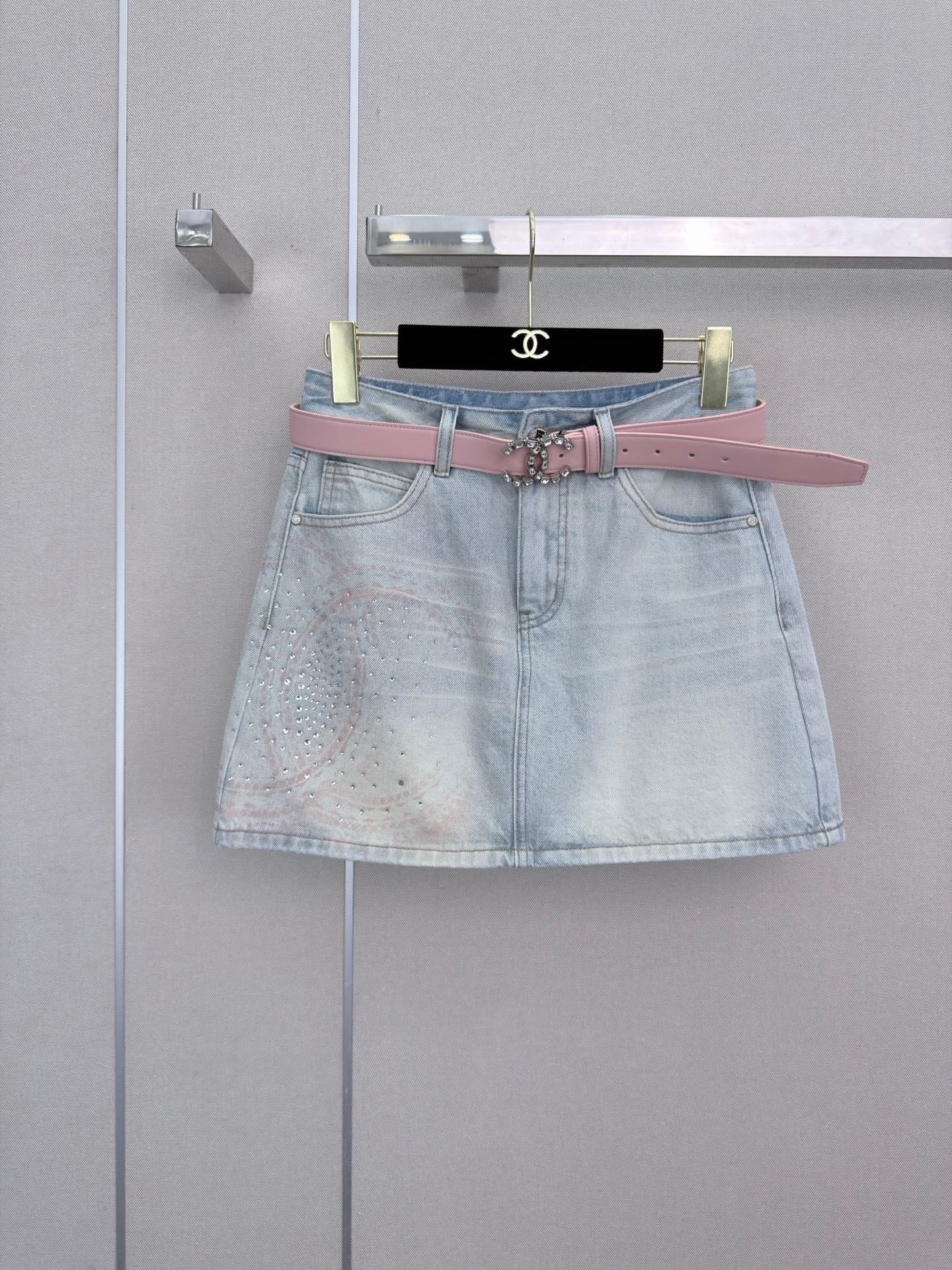 26SS New Arrival: Rhinestone-Embellished Denim Mini A-Line Skirt