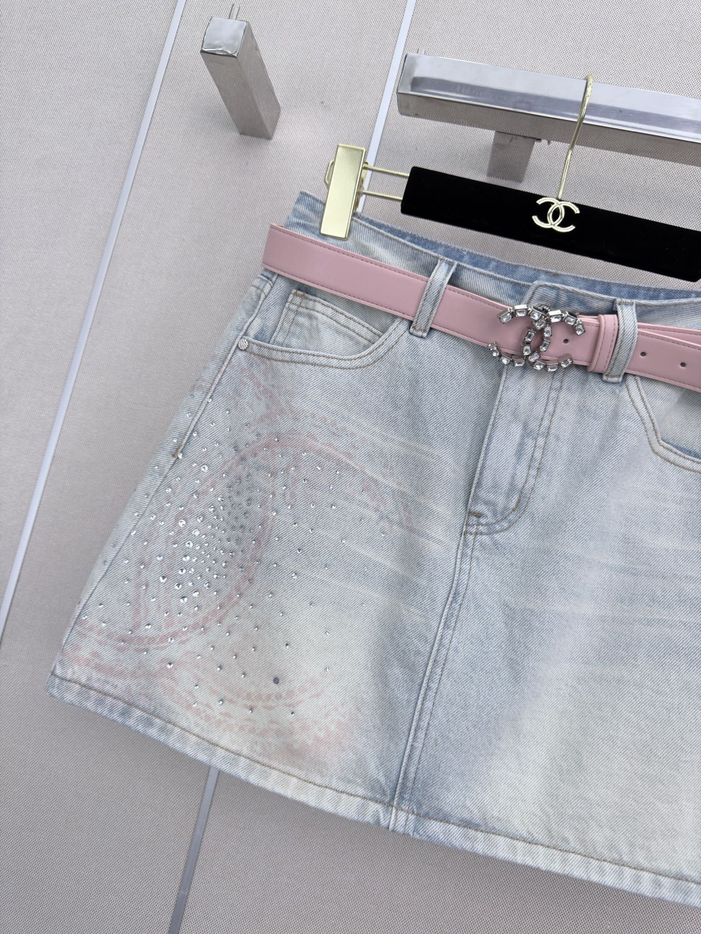 26SS New Arrival: Rhinestone-Embellished Denim Mini A-Line Skirt