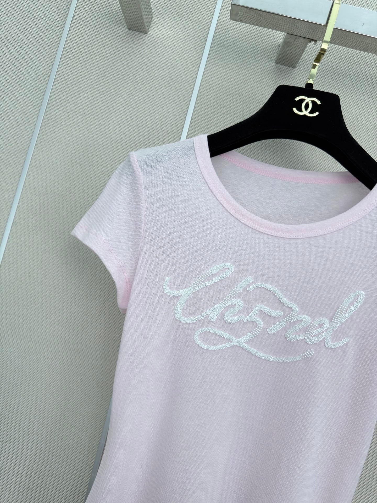 26 New Style: Beaded & Sequined Letter Crewneck Short-Sleeve Top