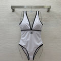3D Logo Color-Block Trim Deep V-Neck One-Piece Swimsuit