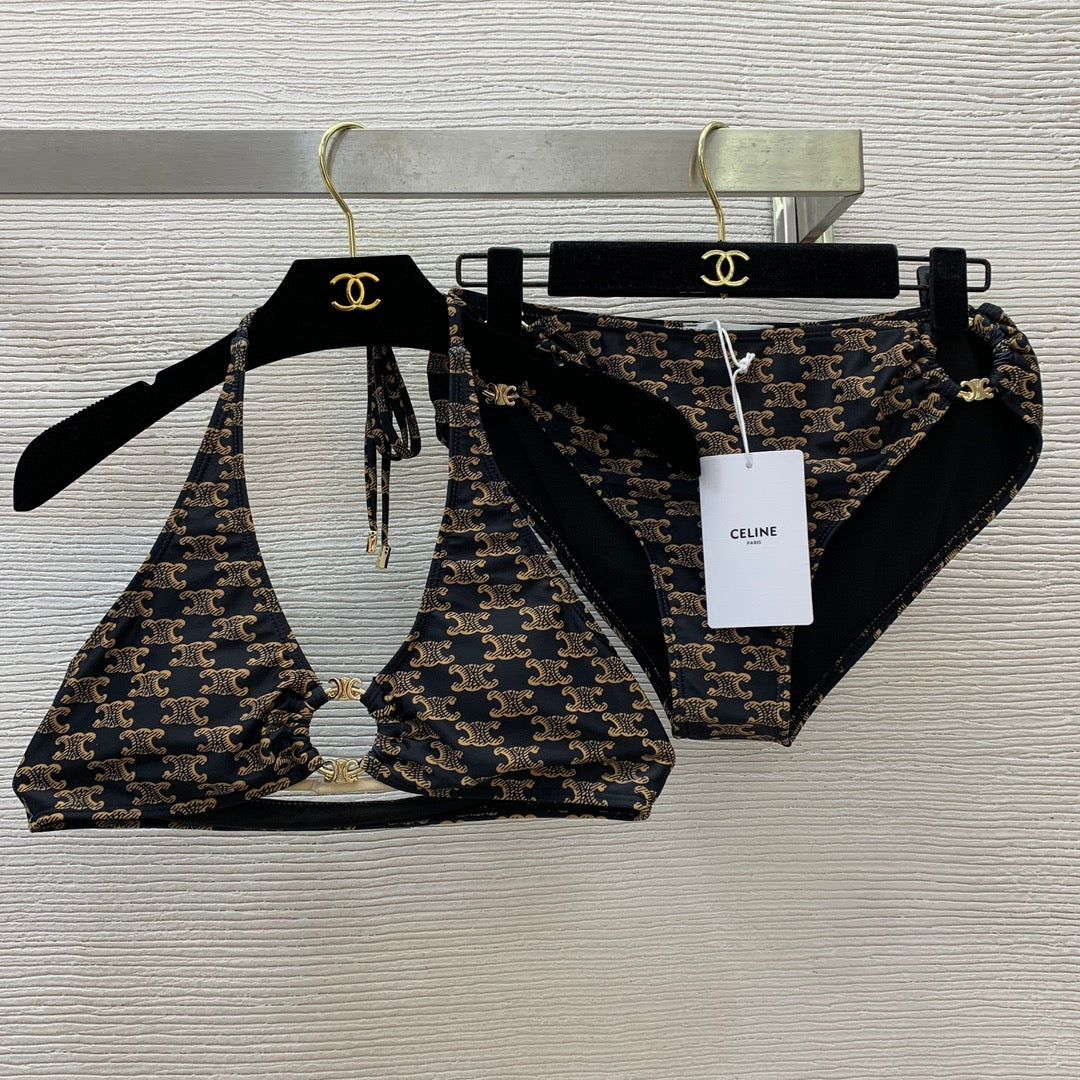 Classic Accessory-Embellished, Strappy Halter-Neck Two-Piece Swimsuit