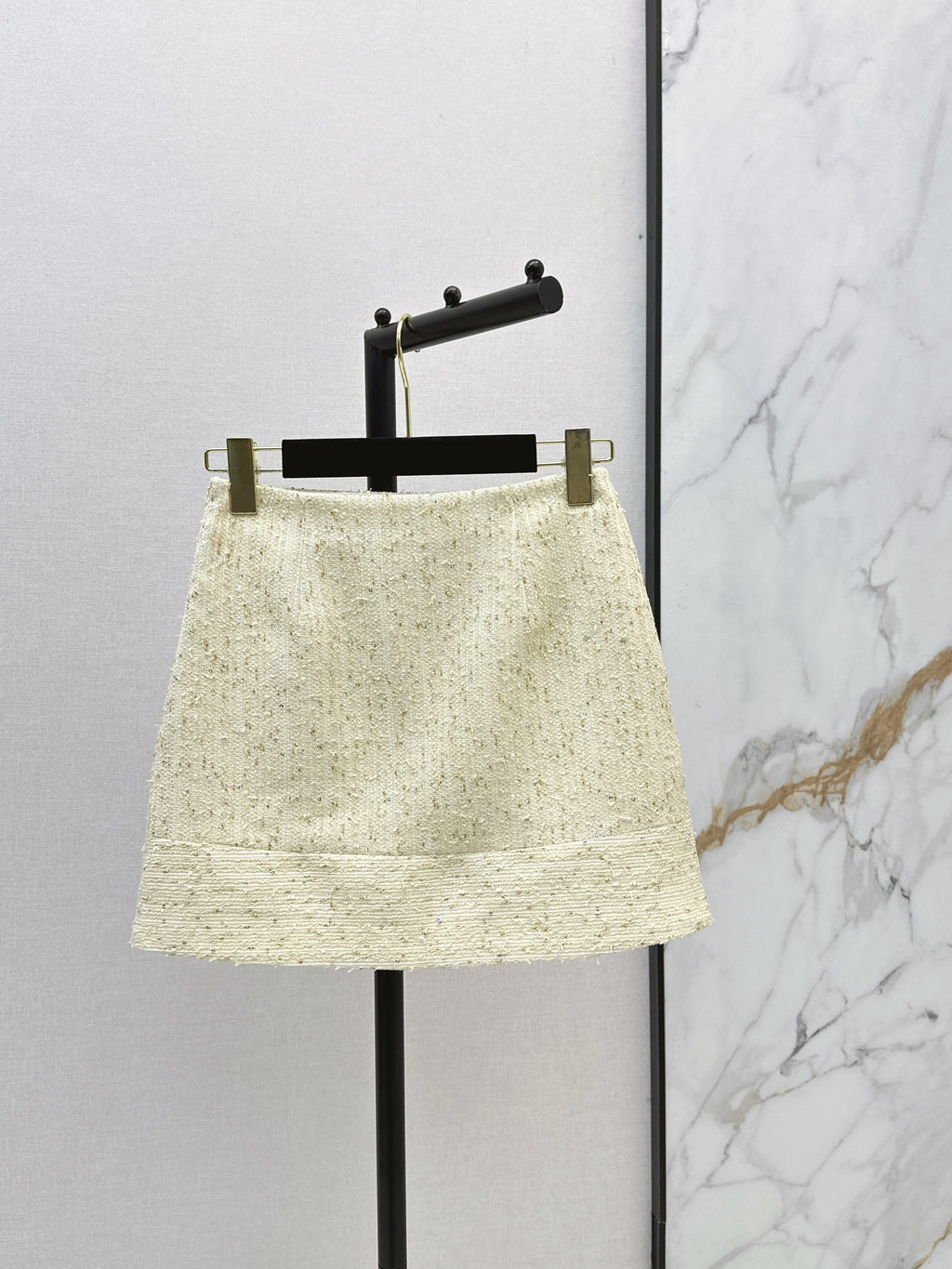 26SS - New Heavy Embroidery Beaded Letter Short-Sleeve T-Shirt + Tweed High-Waisted A-Line Skirt