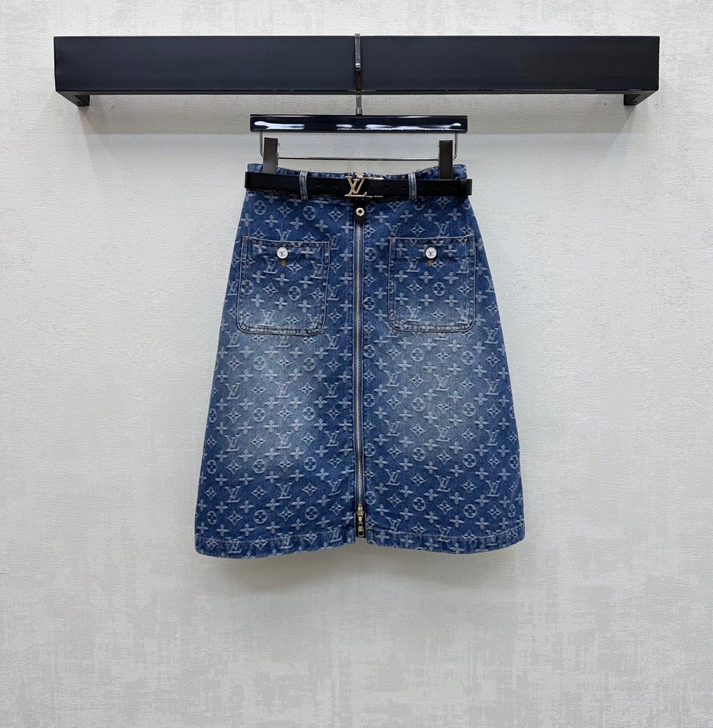 26SS — New Jacquard Belt Denim Midi Skirt