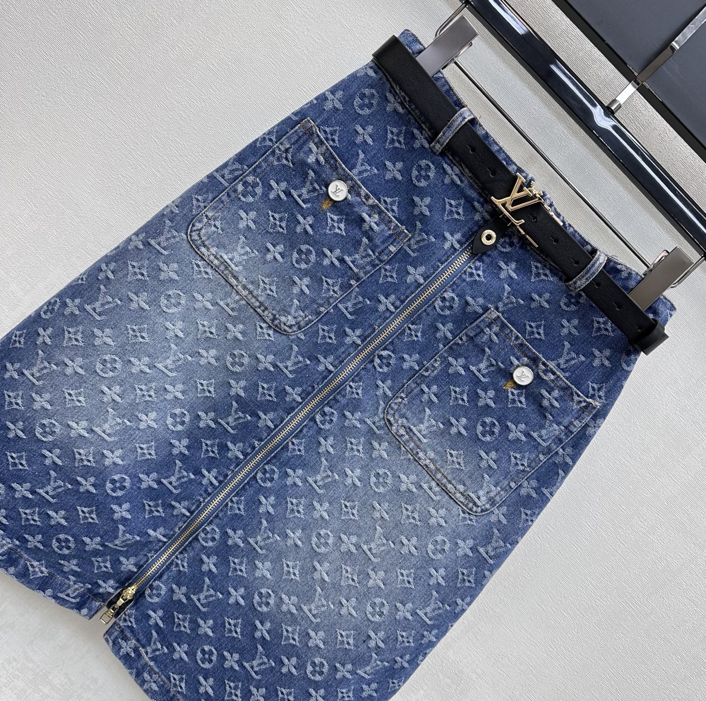 26SS — New Jacquard Belt Denim Midi Skirt