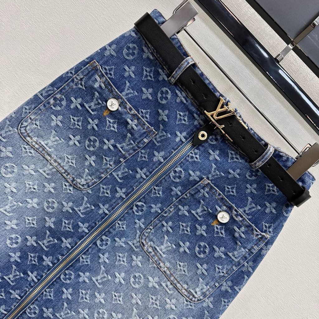 26SS — New Jacquard Belt Denim Midi Skirt