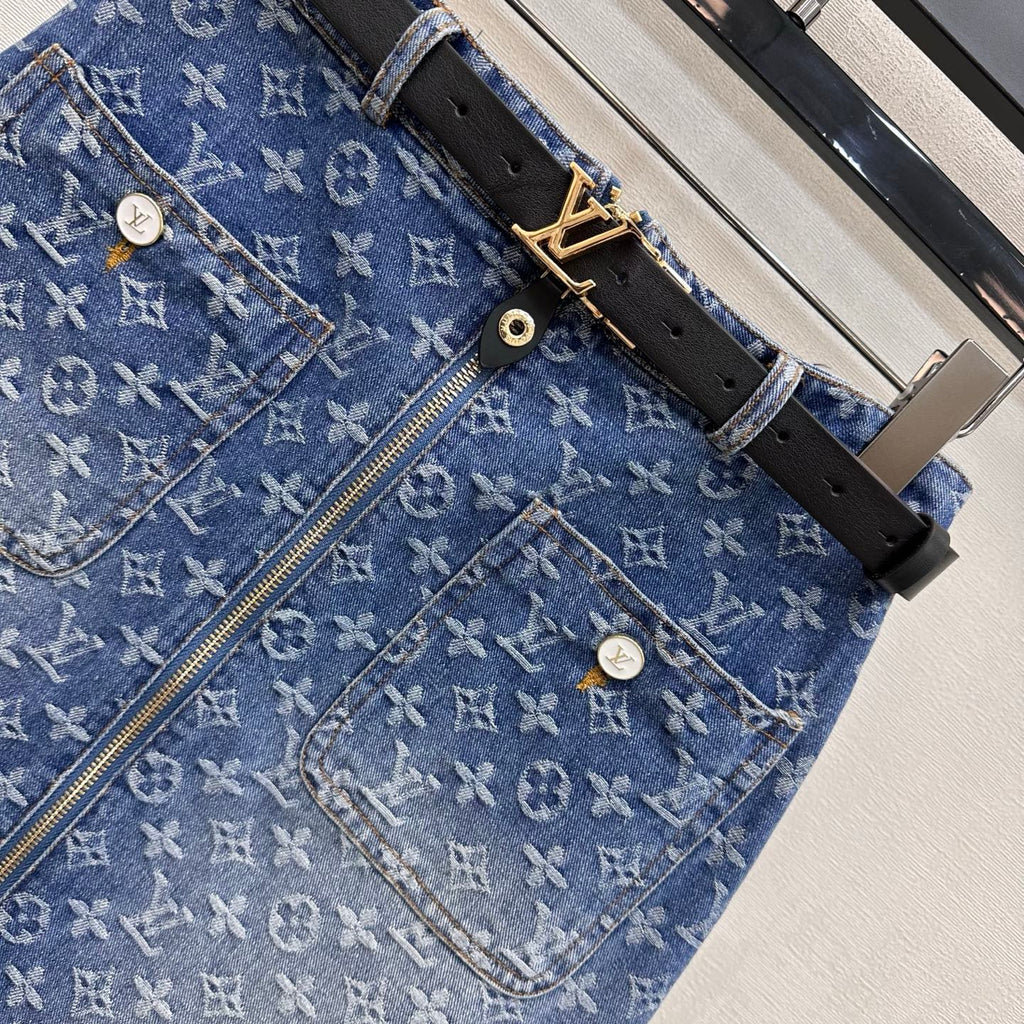 26SS — New Jacquard Belt Denim Midi Skirt