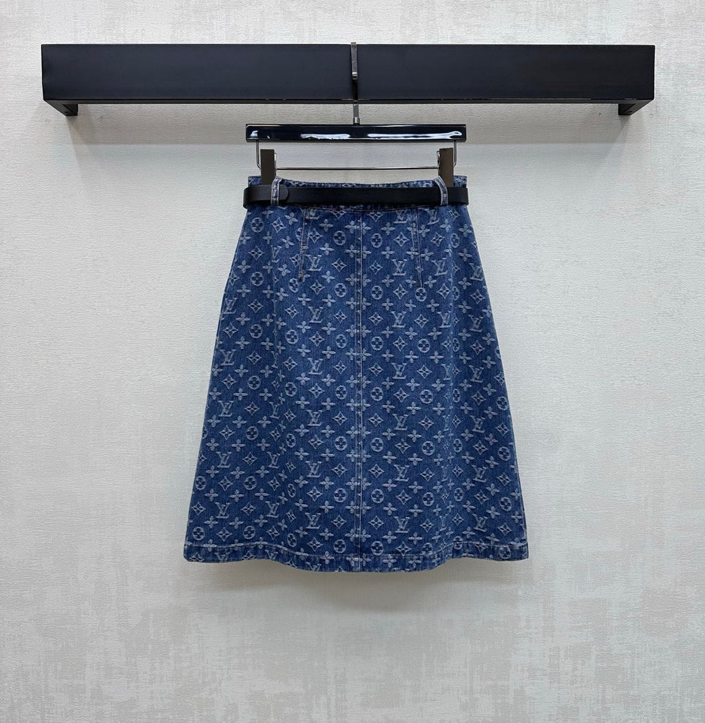 26SS — New Jacquard Belt Denim Midi Skirt